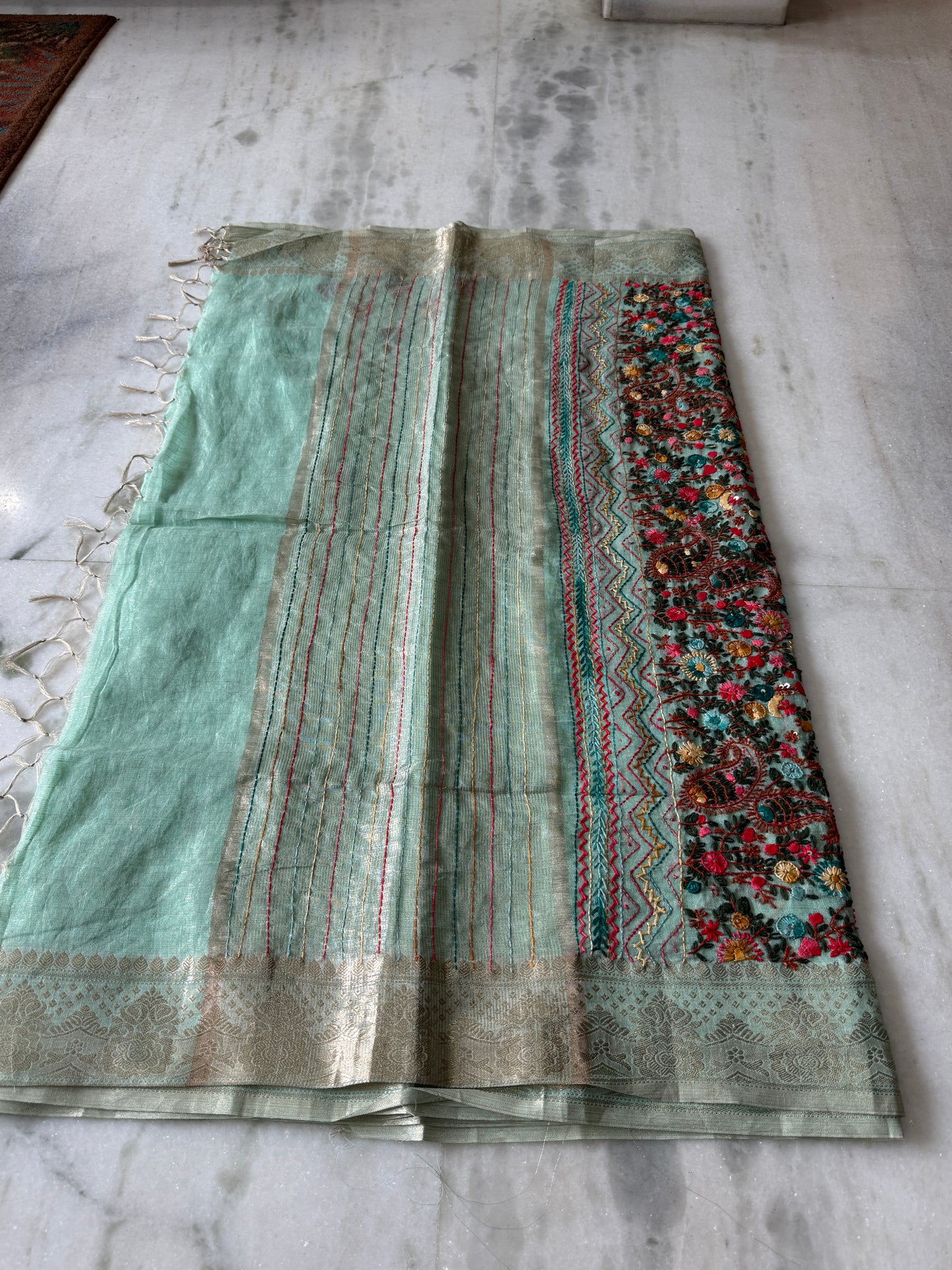 Kaya Kalpo Mint Green Benarasi Kota Silk Saree with Floral Embroidery Work | Lightweight Designer Saree