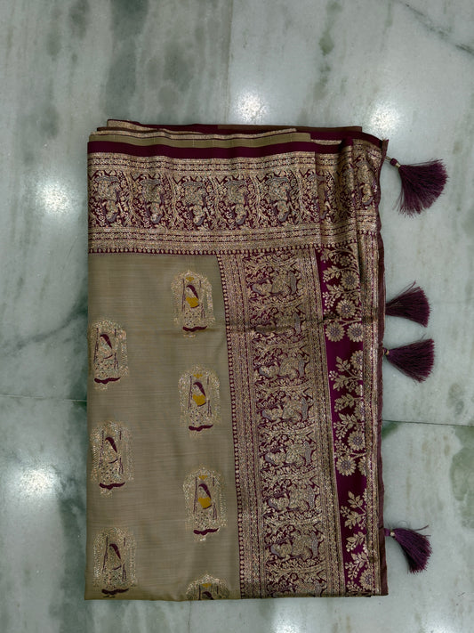 Kaya Kalpo Bengal Silk Saree | Royal Purple & Peach Zari Woven Pallu | Bridal & Wedding Wear