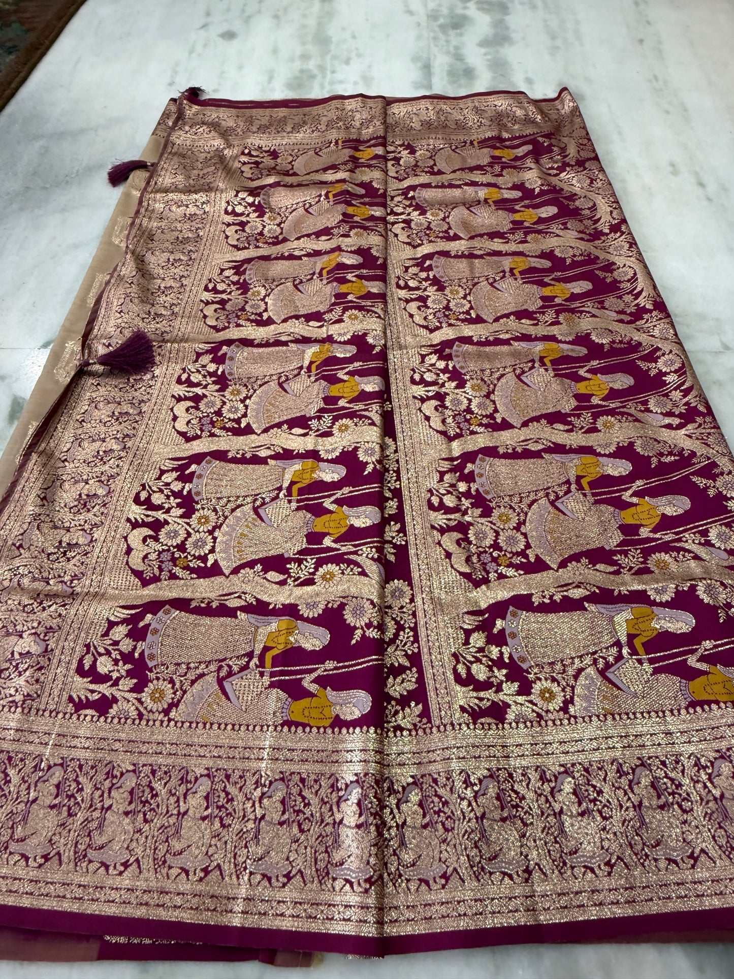 Kaya Kalpo Bengal Silk Saree | Royal Purple & Peach Zari Woven Pallu | Bridal & Wedding Wear