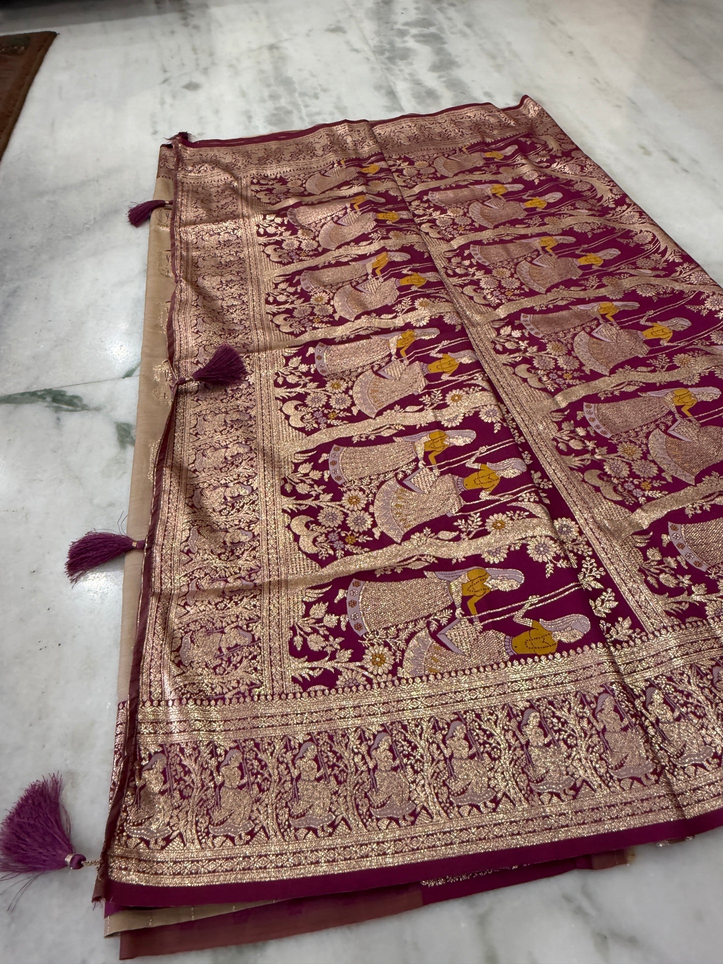 Kaya Kalpo Bengal Silk Saree | Royal Purple & Peach Zari Woven Pallu | Bridal & Wedding Wear
