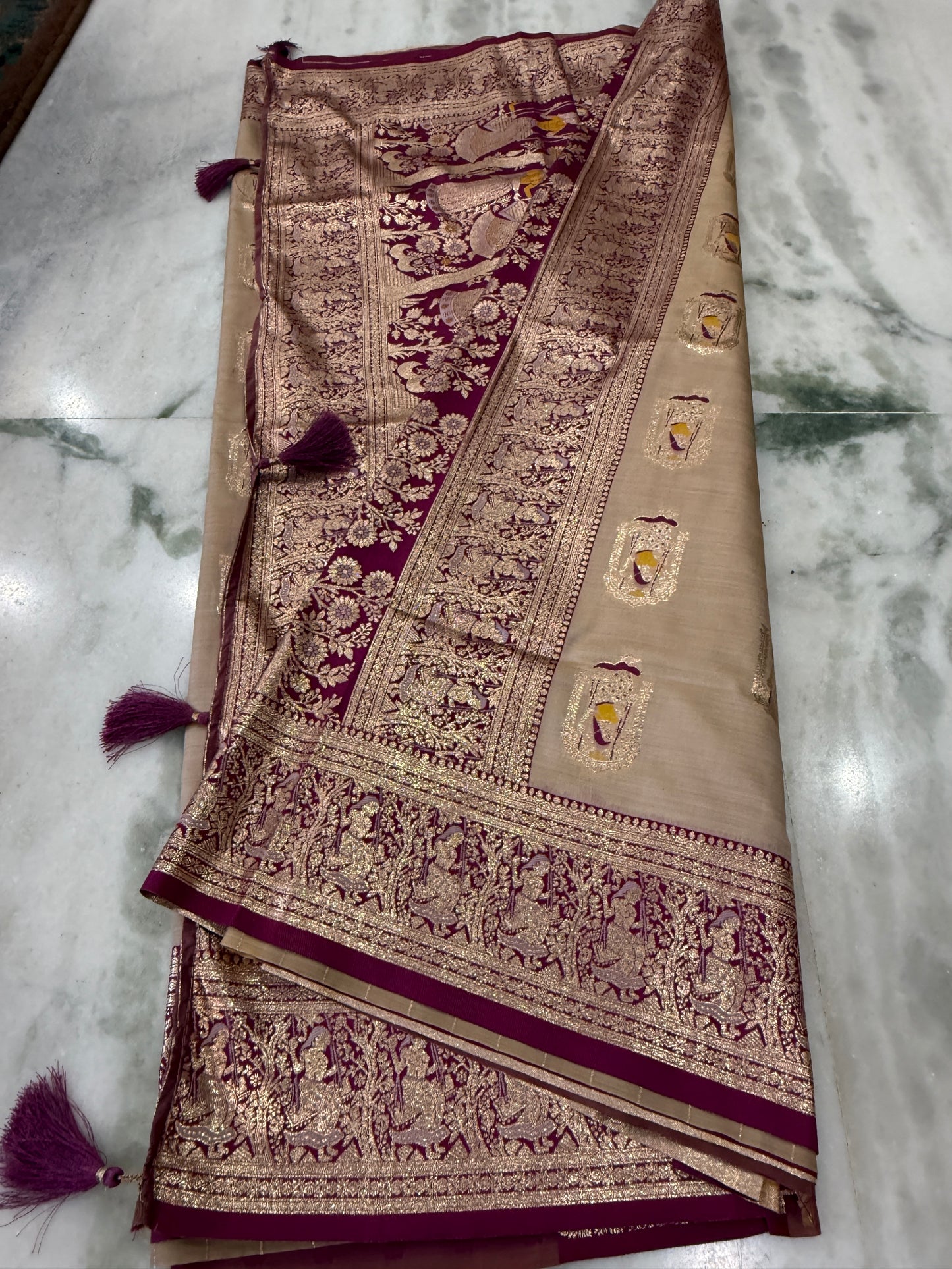 Kaya Kalpo Bengal Silk Saree | Royal Purple & Peach Zari Woven Pallu | Bridal & Wedding Wear