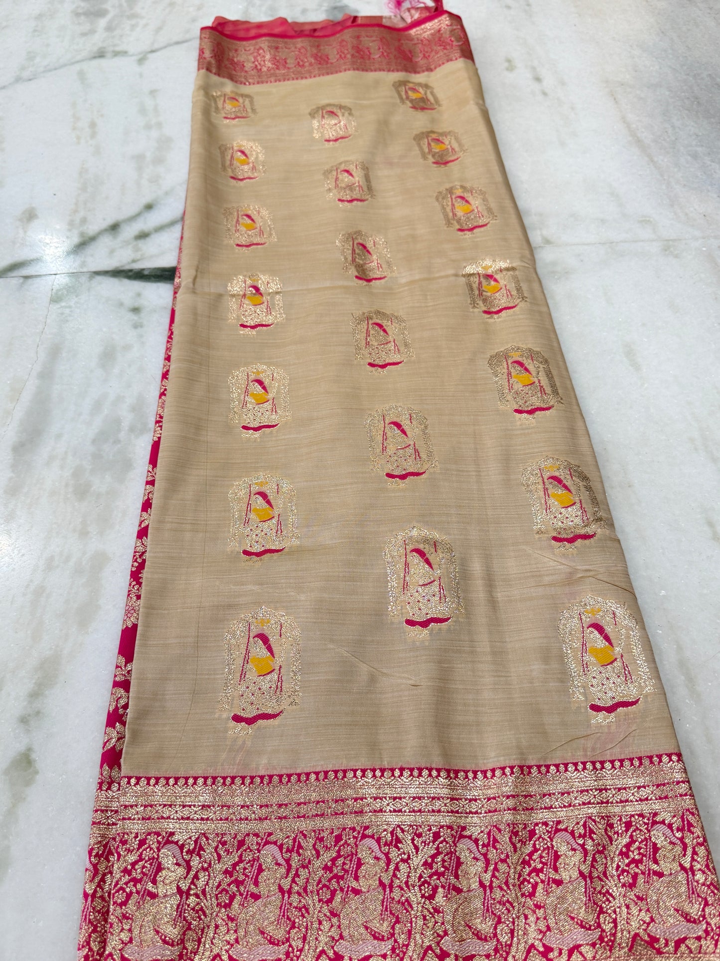 Kaya Kalpo Bengal Silk Saree | Peach & Hot Pink Zari Woven Hindola Pallu | Bridal & Wedding Wear