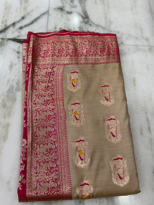 Kaya Kalpo Bengal Silk Saree | Peach & Hot Pink Zari Woven Hindola Pallu | Bridal & Wedding Wear