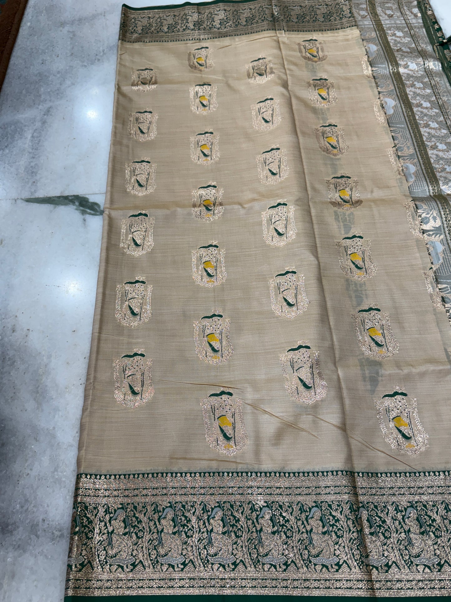 Kaya Kalpo Bengal Silk Saree | Peach & Green Banarasi-Inspired Woven Pallu | Bridal & Festive Wear