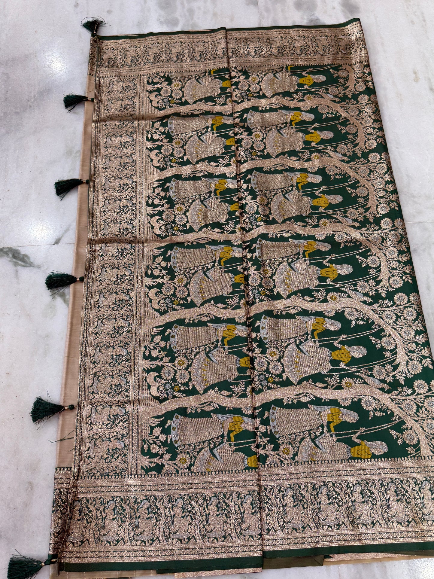 Kaya Kalpo Bengal Silk Saree | Peach & Green Banarasi-Inspired Woven Pallu | Bridal & Festive Wear