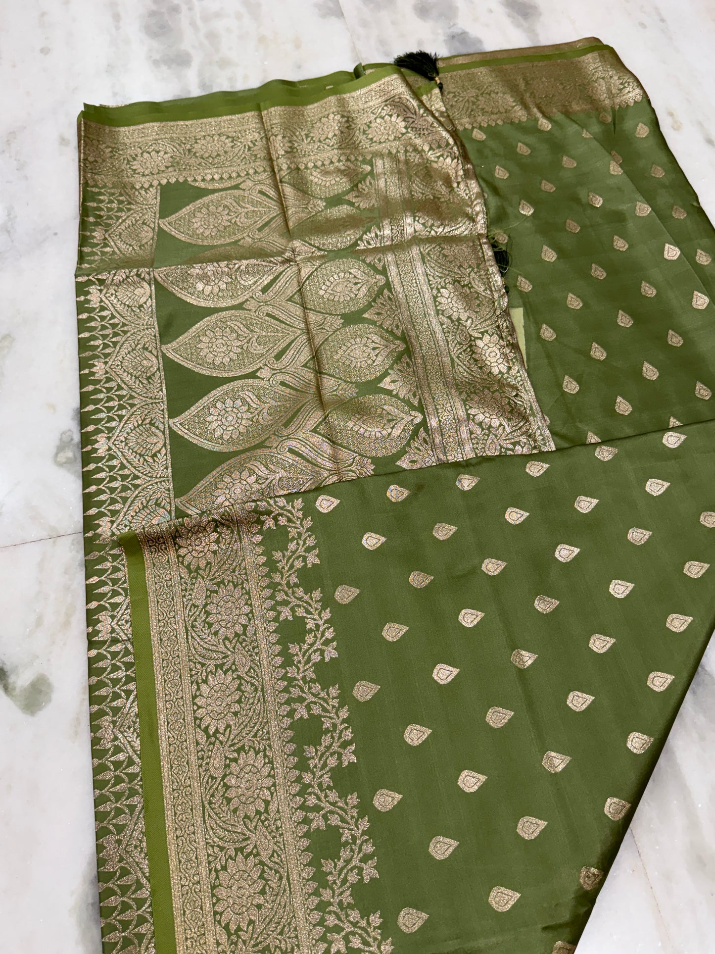 Kaya Kalpo Olive Green Satin Saree | Gold Zari Booti Body & Large Leaf Woven Pallu | Festive & Bridal Wear