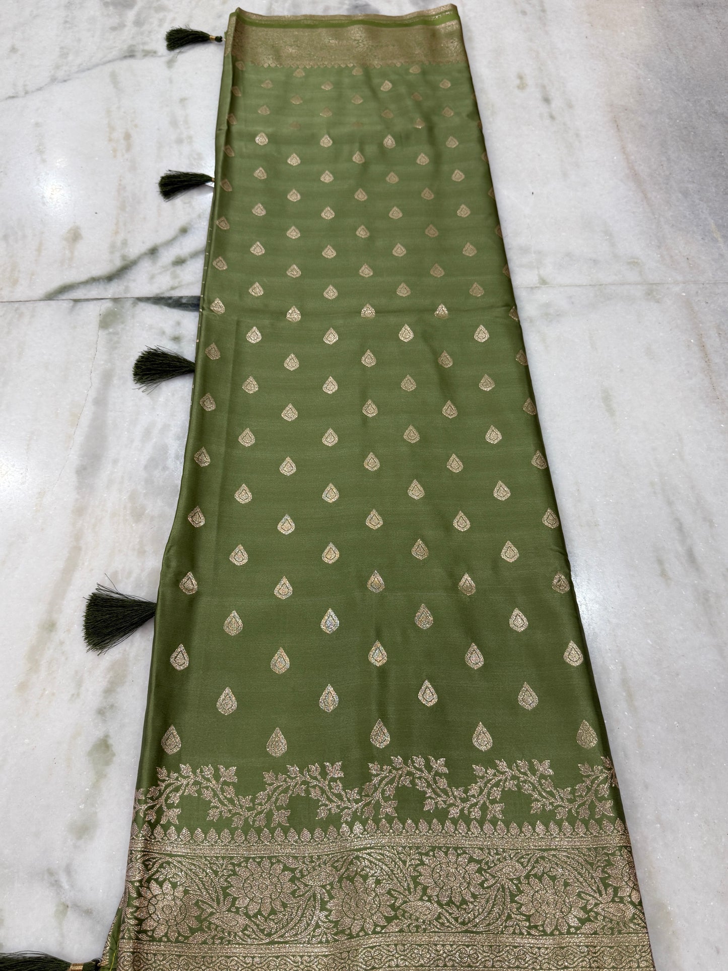 Kaya Kalpo Olive Green Satin Saree | Gold Zari Booti Body & Large Leaf Woven Pallu | Festive & Bridal Wear