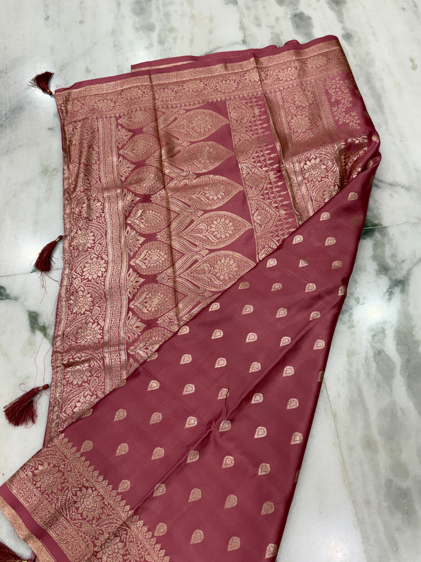 Kaya Kalpo Maroon Satin Weave Saree | Rose Gold Zari Booti Body & Large Leaf Woven Pallu | Bridal & Wedding Wear