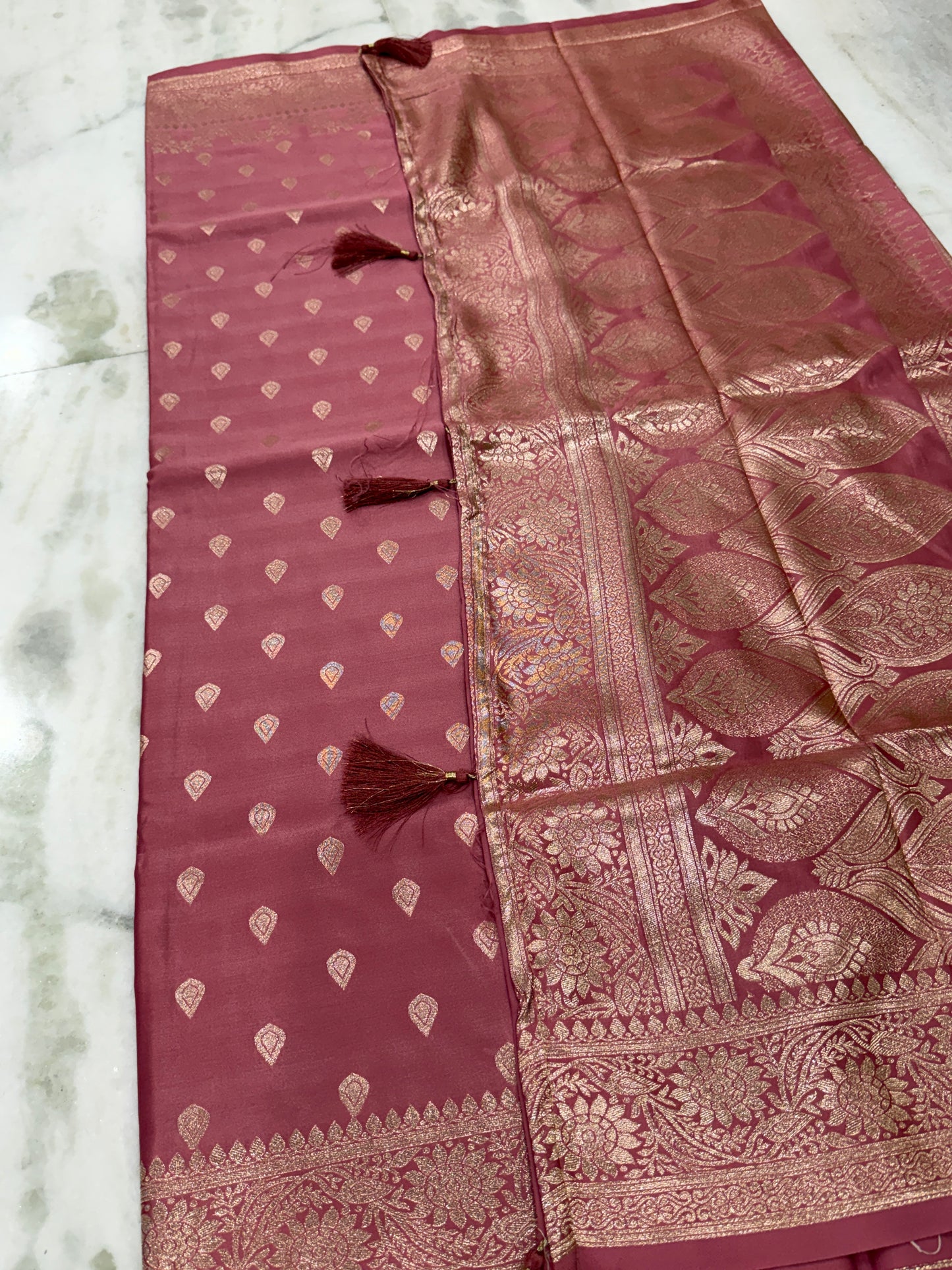 Kaya Kalpo Maroon Satin Weave Saree | Rose Gold Zari Booti Body & Large Leaf Woven Pallu | Bridal & Wedding Wear