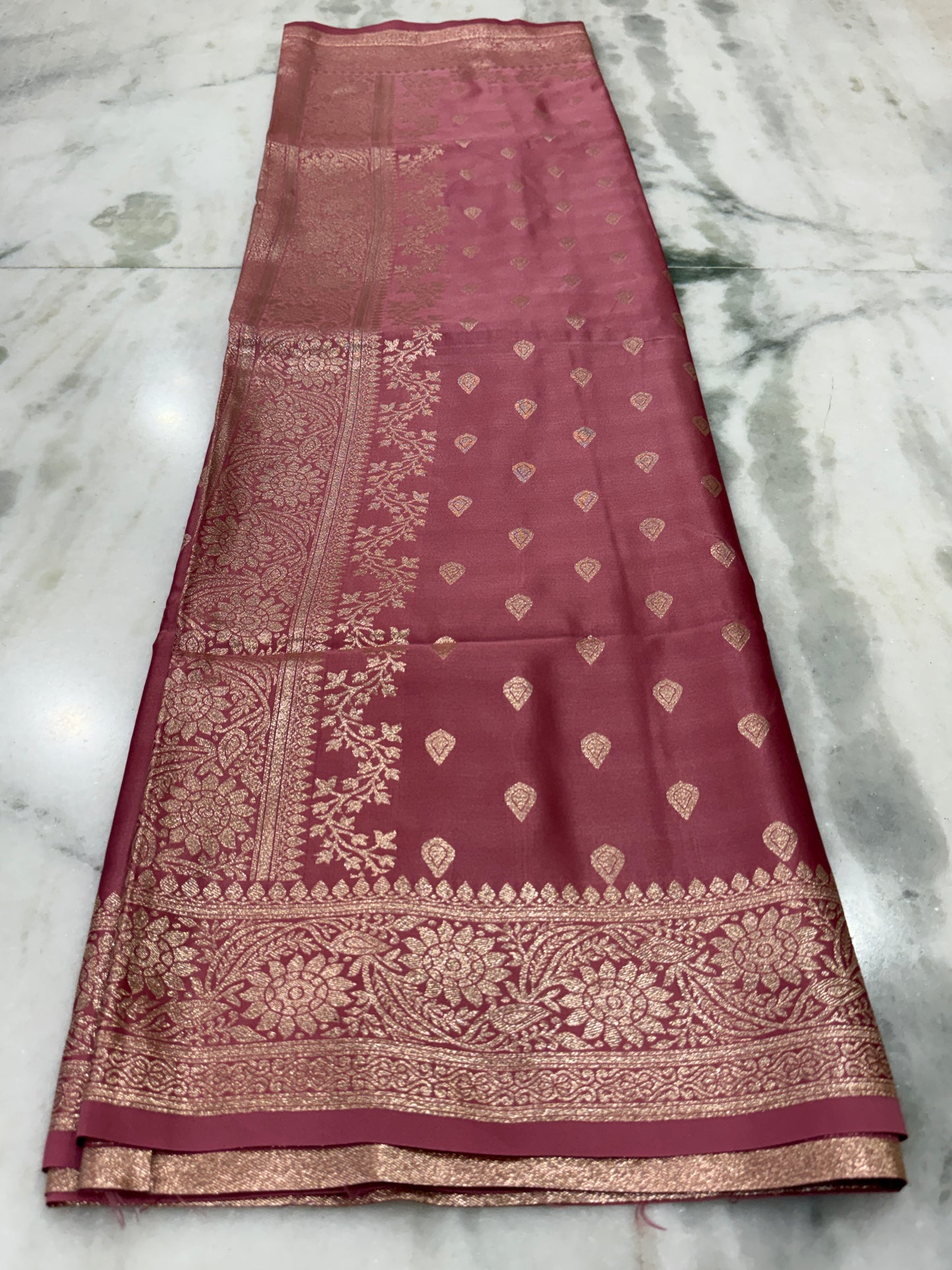 Kaya Kalpo Maroon Satin Weave Saree | Rose Gold Zari Booti Body & Large Leaf Woven Pallu | Bridal & Wedding Wear