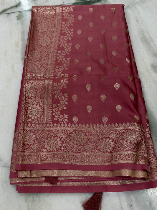 Kaya Kalpo Maroon Satin Weave Saree | Rose Gold Zari Booti Body & Large Leaf Woven Pallu | Bridal & Wedding Wear