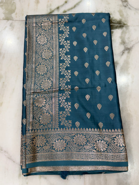 Kaya Kalpo Teal Blue Satin Weave Saree | Gold Zari Booti Body & Large Leaf Woven Pallu | Festive & Bridal Wear