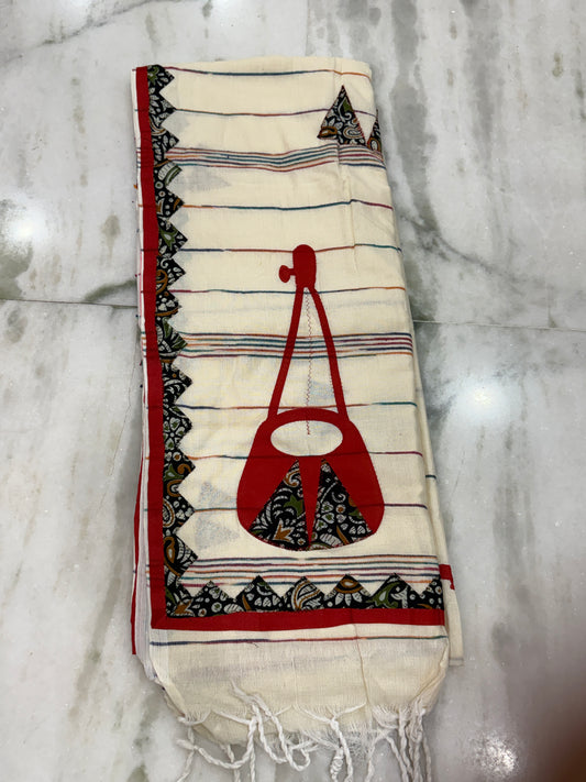 Off-White Cotton Applique Handloom Saree | Veena & Musical Motif | Traditional Indian Ethnic Wear