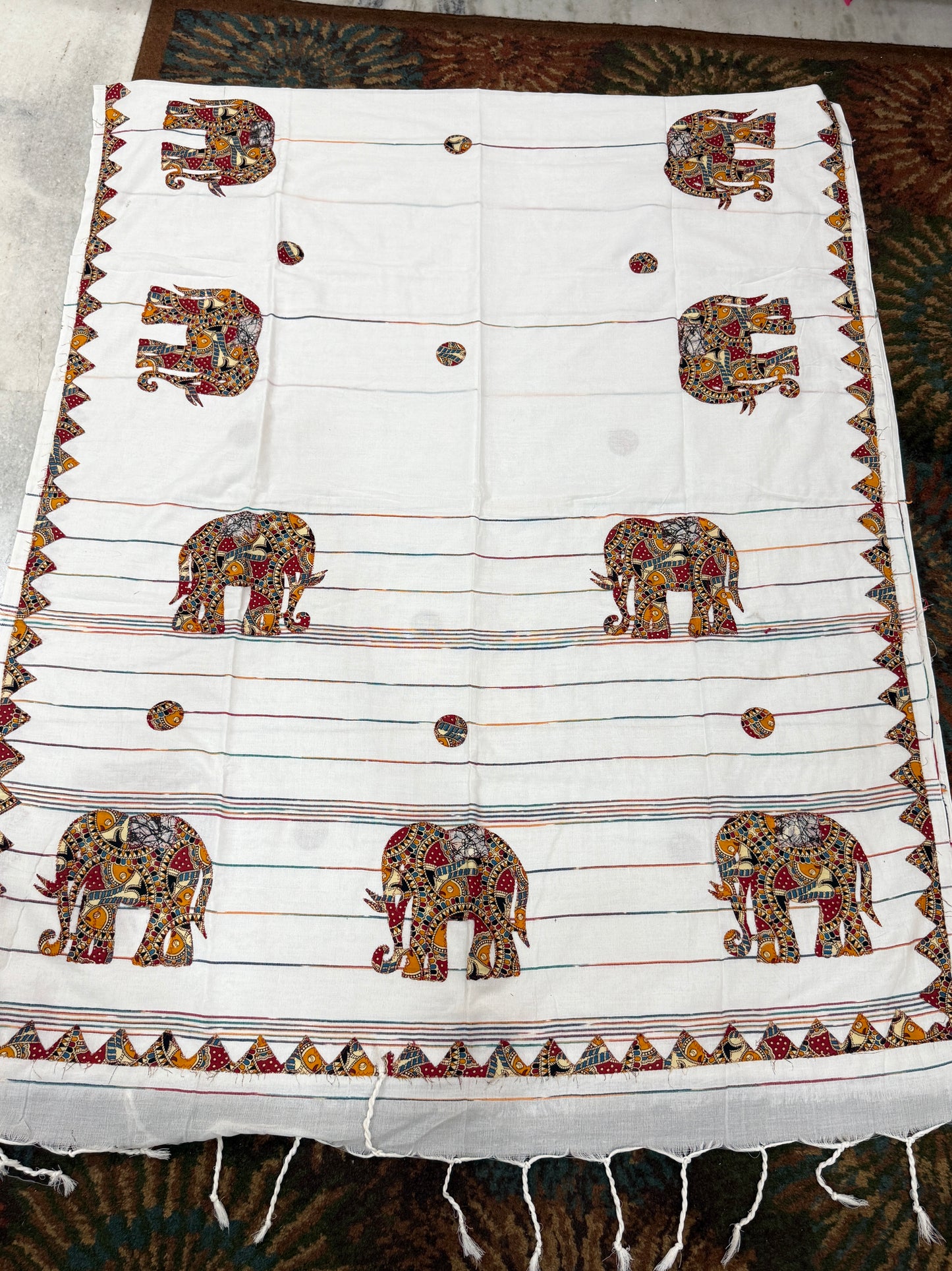 Off-White Cotton Applique Handloom Saree | Kalamkari Elephant Motif | Handcrafted Indian Ethnic Wear