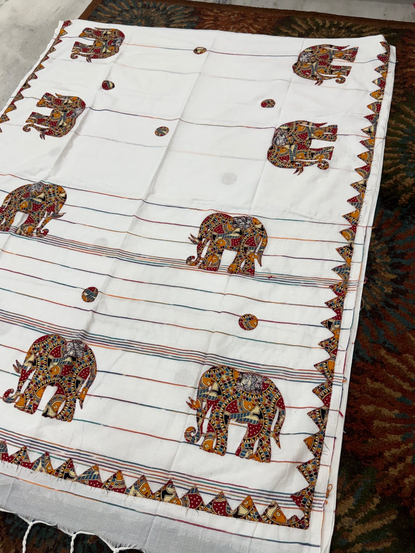 Off-White Cotton Applique Handloom Saree | Kalamkari Elephant Motif | Handcrafted Indian Ethnic Wear