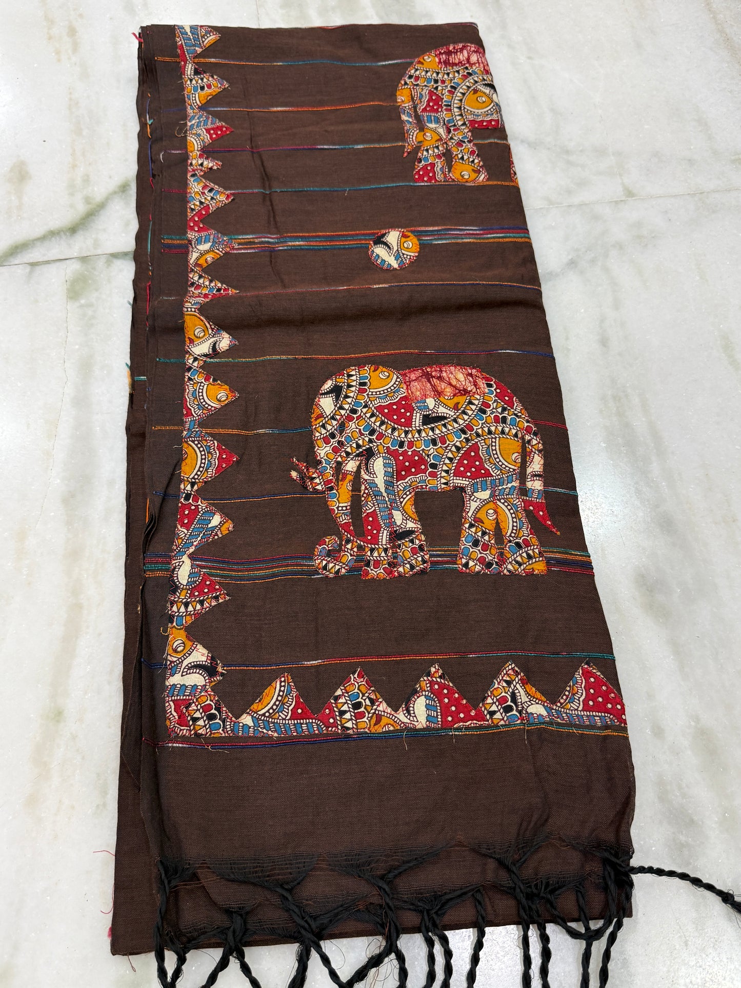 Brown Cotton Applique Handloom Saree | Hand-Crafted Elephant Motif | Traditional Indian Ethnic Wear