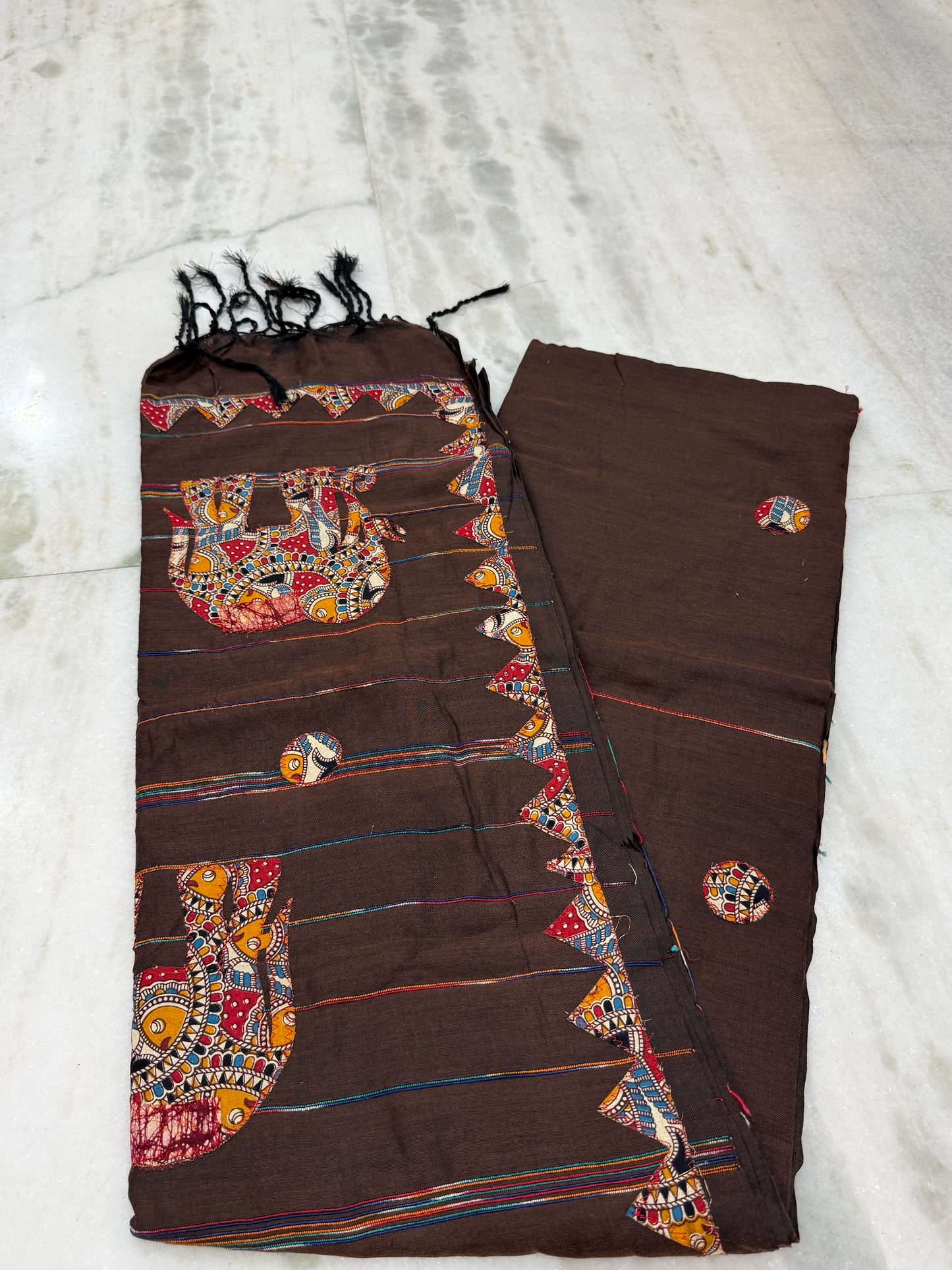 Brown Cotton Applique Handloom Saree | Hand-Crafted Elephant Motif | Traditional Indian Ethnic Wear