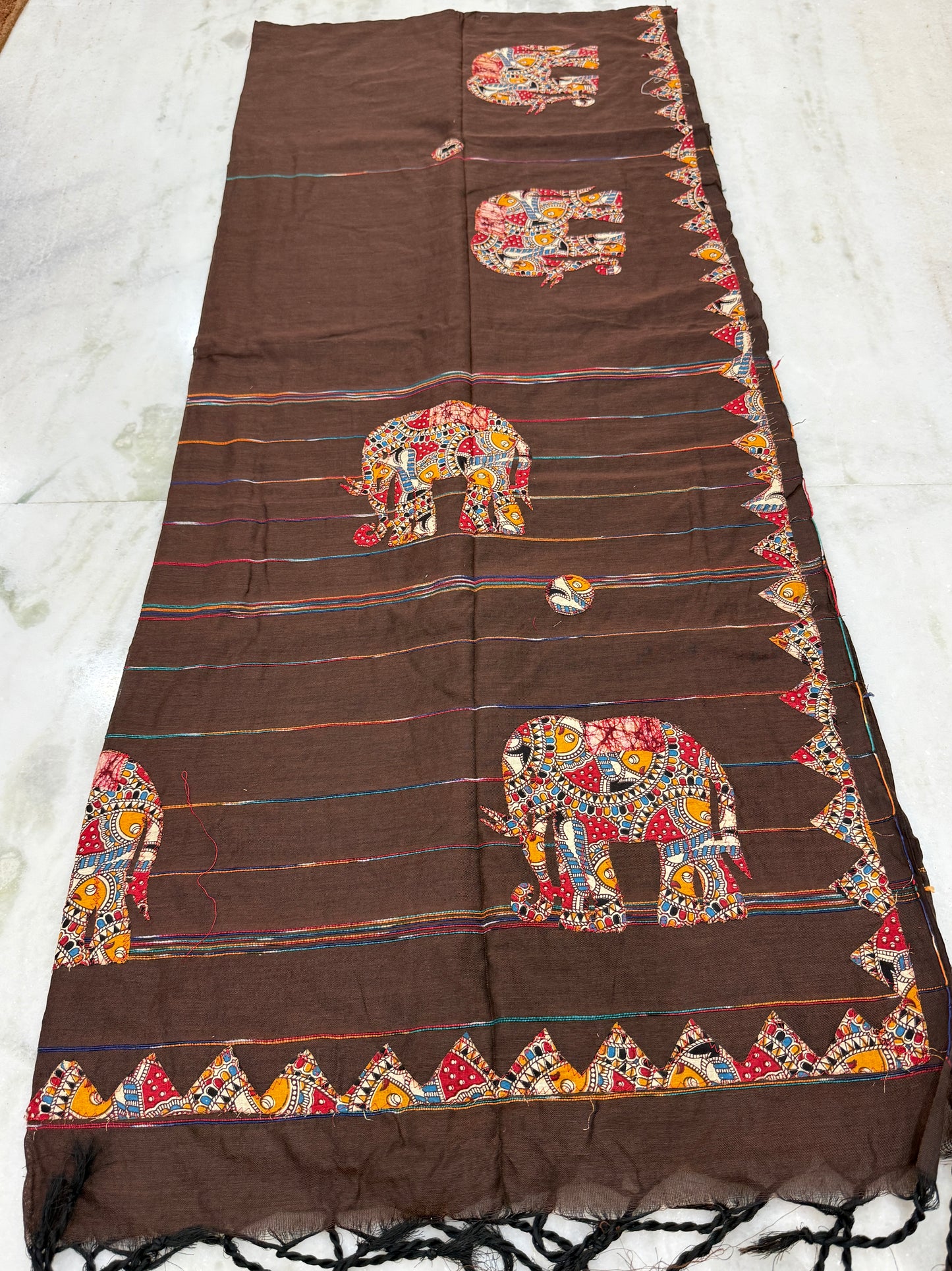 Brown Cotton Applique Handloom Saree | Hand-Crafted Elephant Motif | Traditional Indian Ethnic Wear