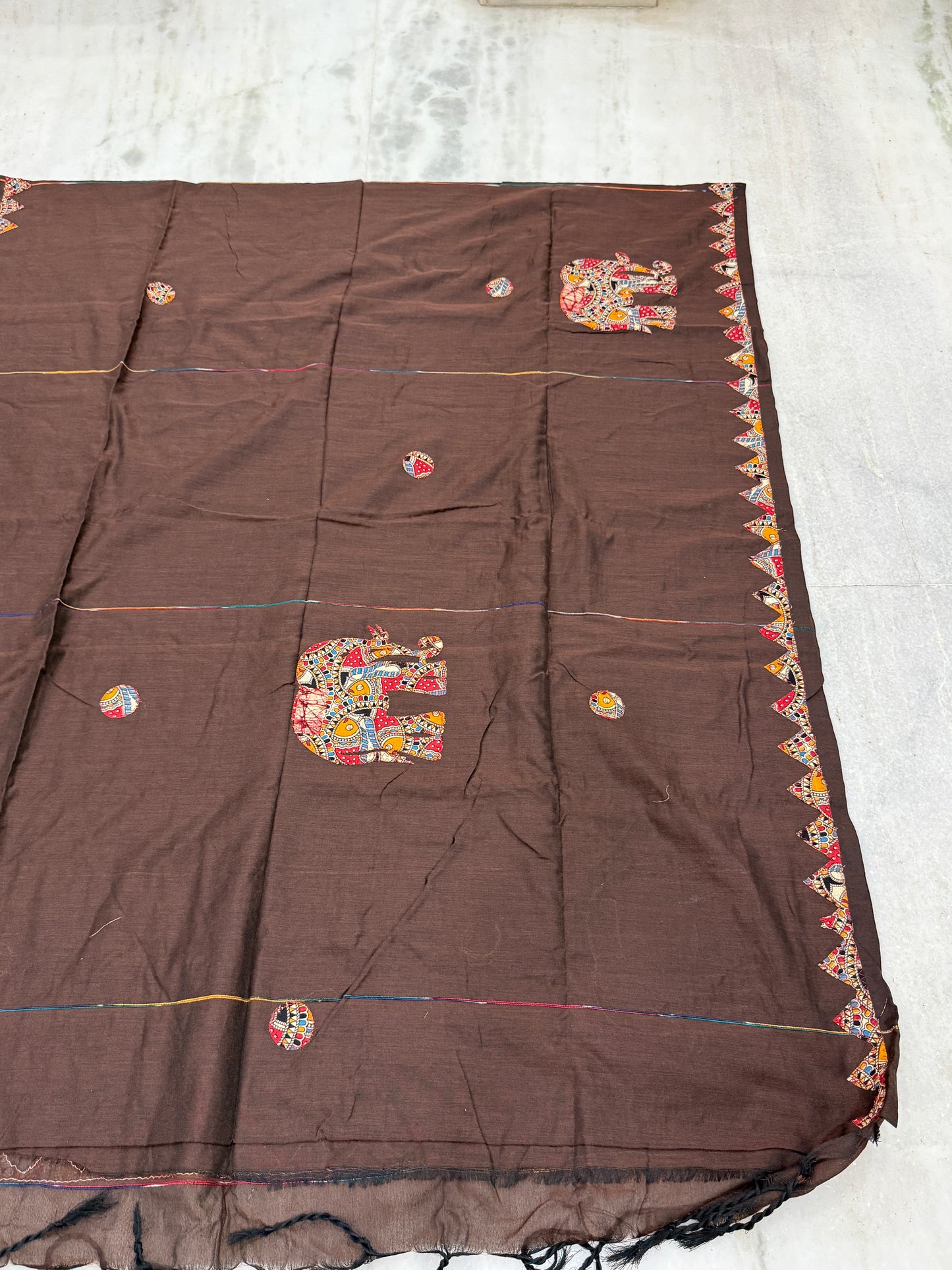 Brown Cotton Applique Handloom Saree | Hand-Crafted Elephant Motif | Traditional Indian Ethnic Wear