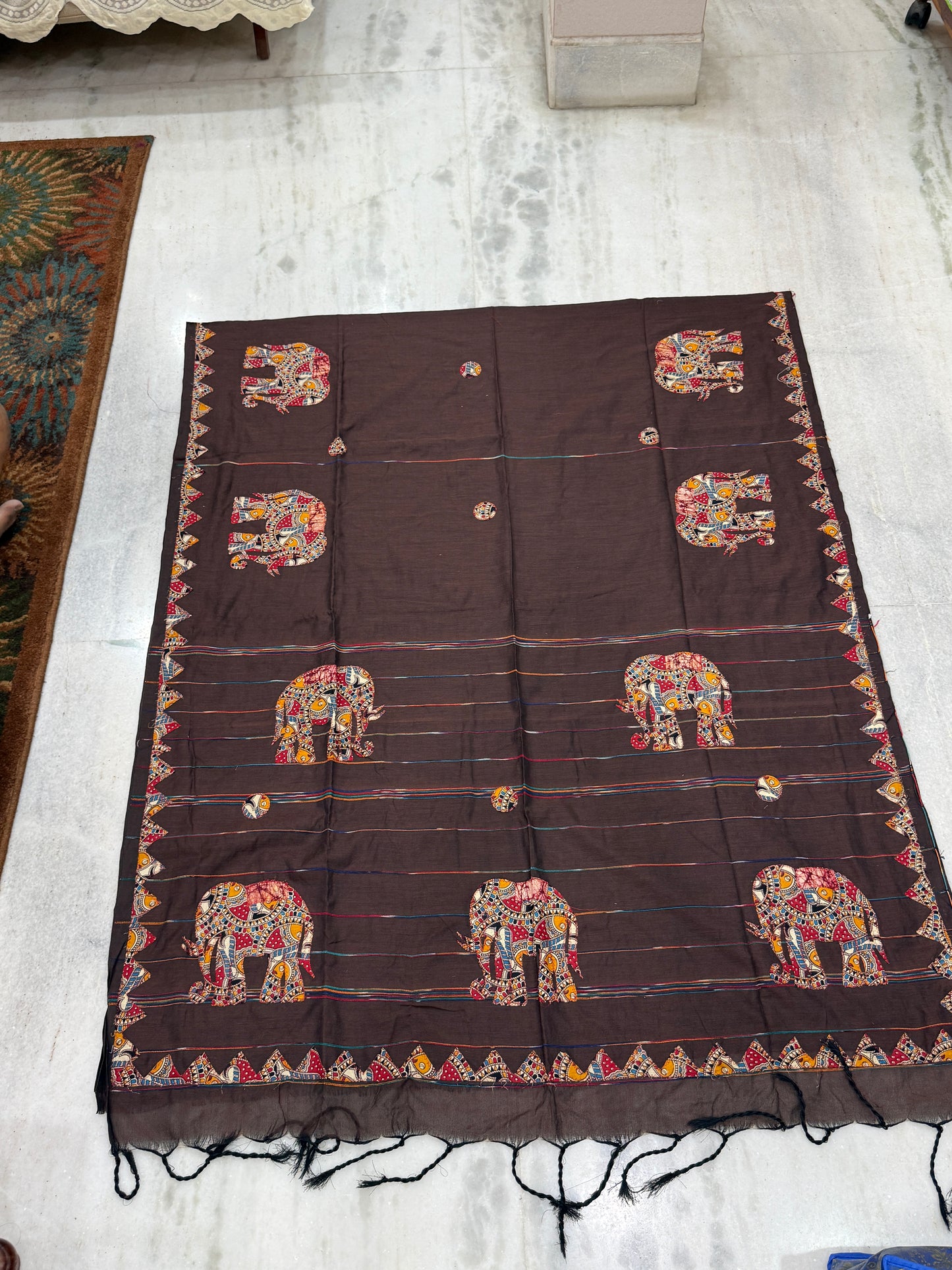 Brown Cotton Applique Handloom Saree | Hand-Crafted Elephant Motif | Traditional Indian Ethnic Wear