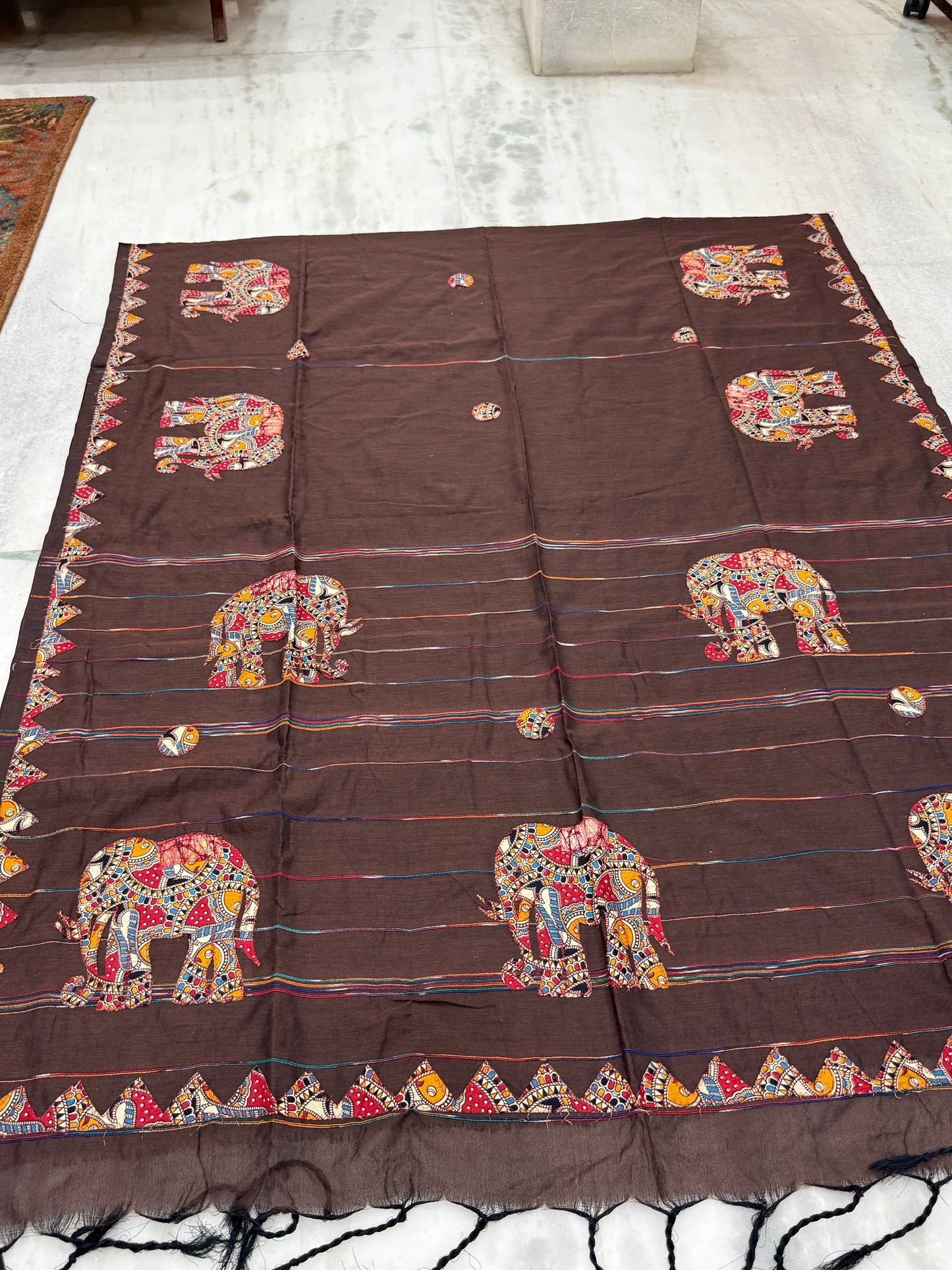 Brown Cotton Applique Handloom Saree | Hand-Crafted Elephant Motif | Traditional Indian Ethnic Wear
