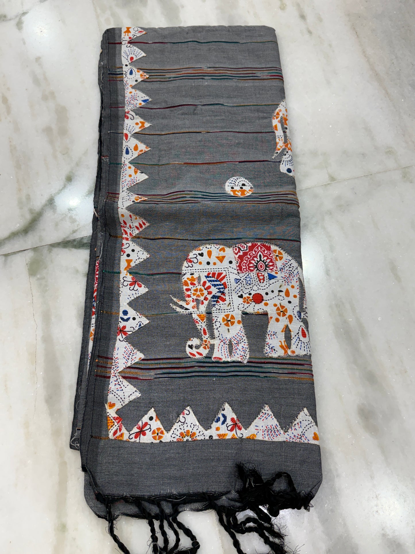 Grey Cotton Applique Handloom Saree | Hand-Crafted Elephant Motif | Traditional Indian Ethnic Wear