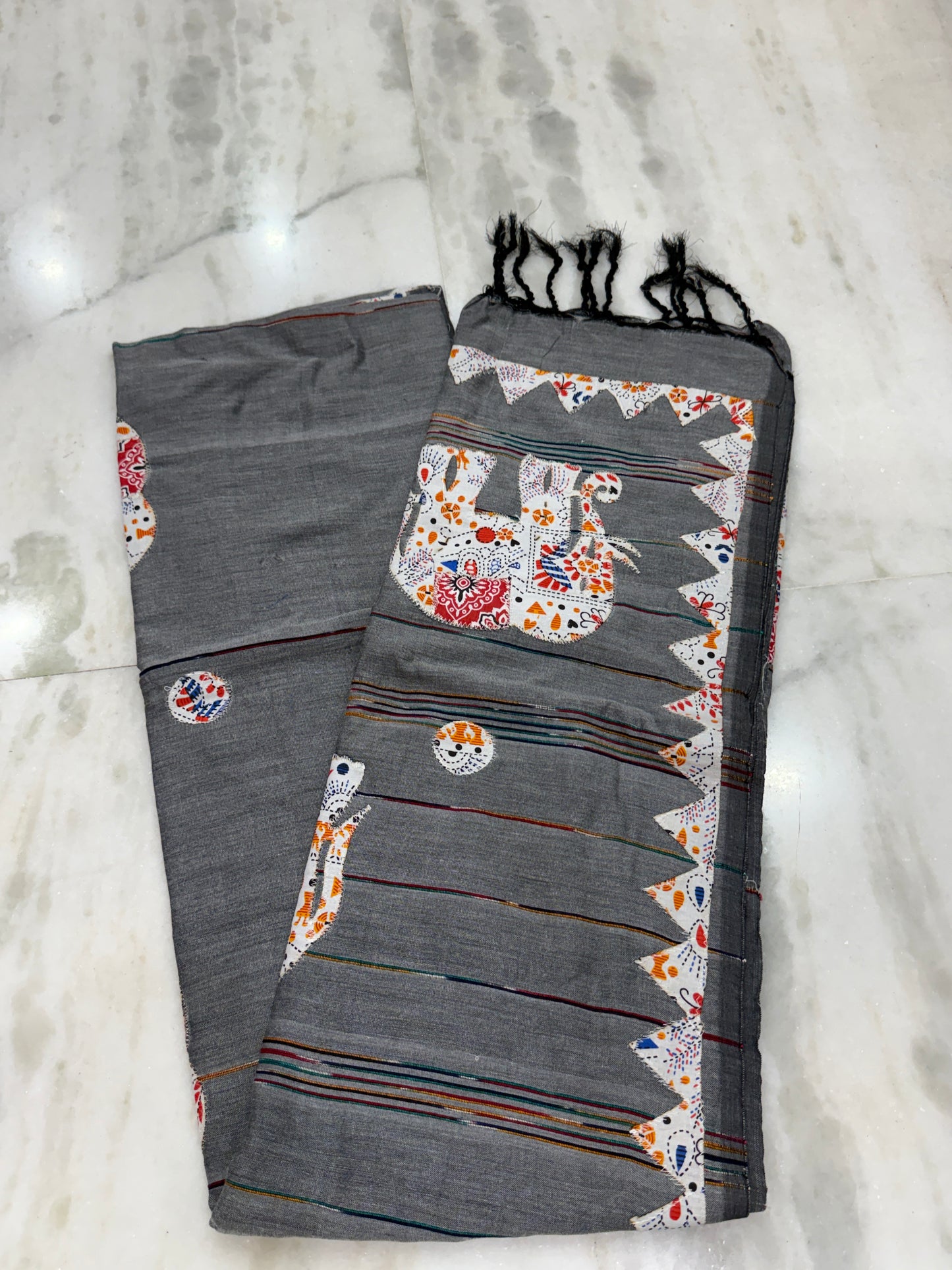 Grey Cotton Applique Handloom Saree | Hand-Crafted Elephant Motif | Traditional Indian Ethnic Wear