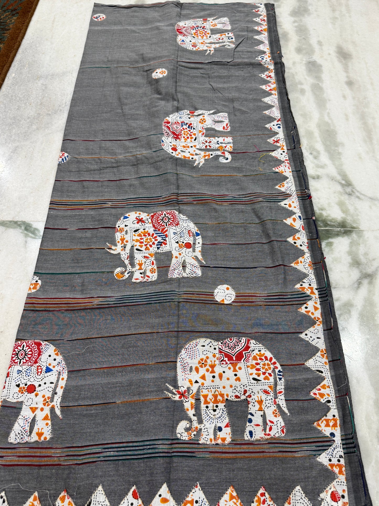 Grey Cotton Applique Handloom Saree | Hand-Crafted Elephant Motif | Traditional Indian Ethnic Wear