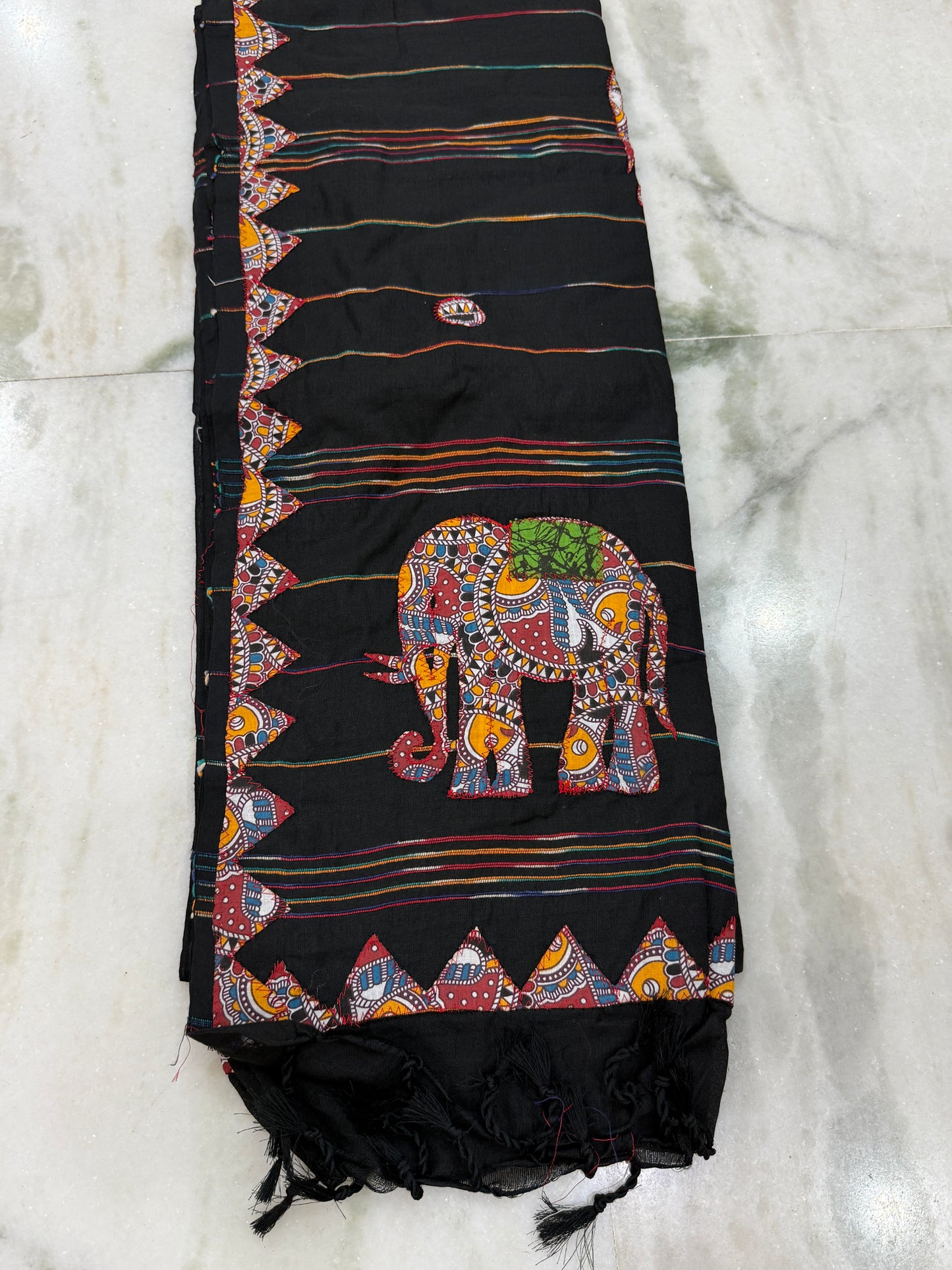 Kaya Kalpo Black Handloom Cotton Applique Saree with Elephant Motifs