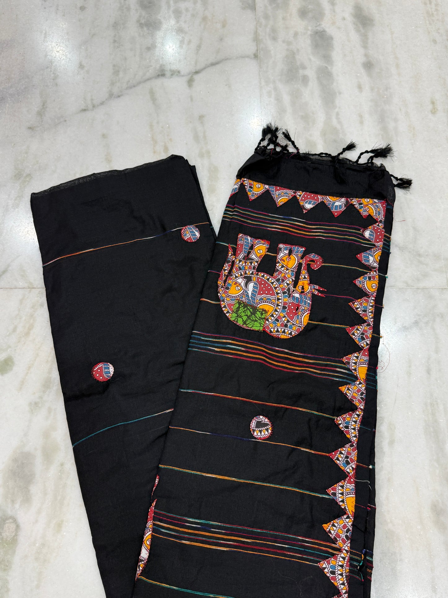 Kaya Kalpo Black Handloom Cotton Applique Saree with Elephant Motifs