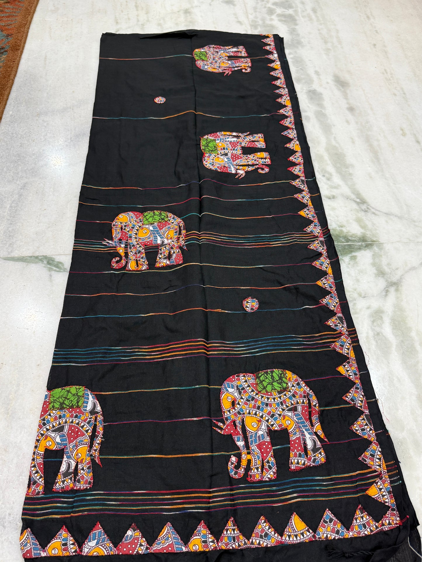 Kaya Kalpo Black Handloom Cotton Applique Saree with Elephant Motifs