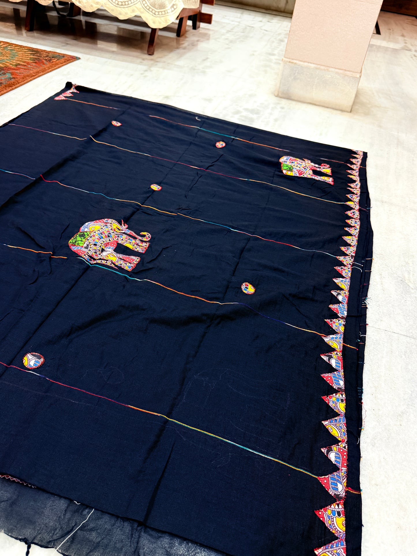 Kaya Kalpo Black Handloom Cotton Applique Saree with Elephant Motifs