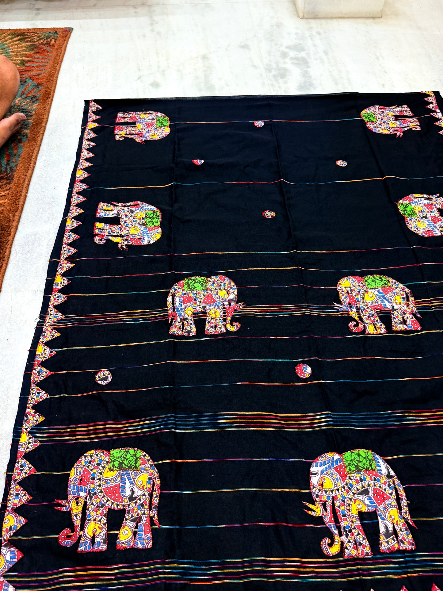 Kaya Kalpo Black Handloom Cotton Applique Saree with Elephant Motifs