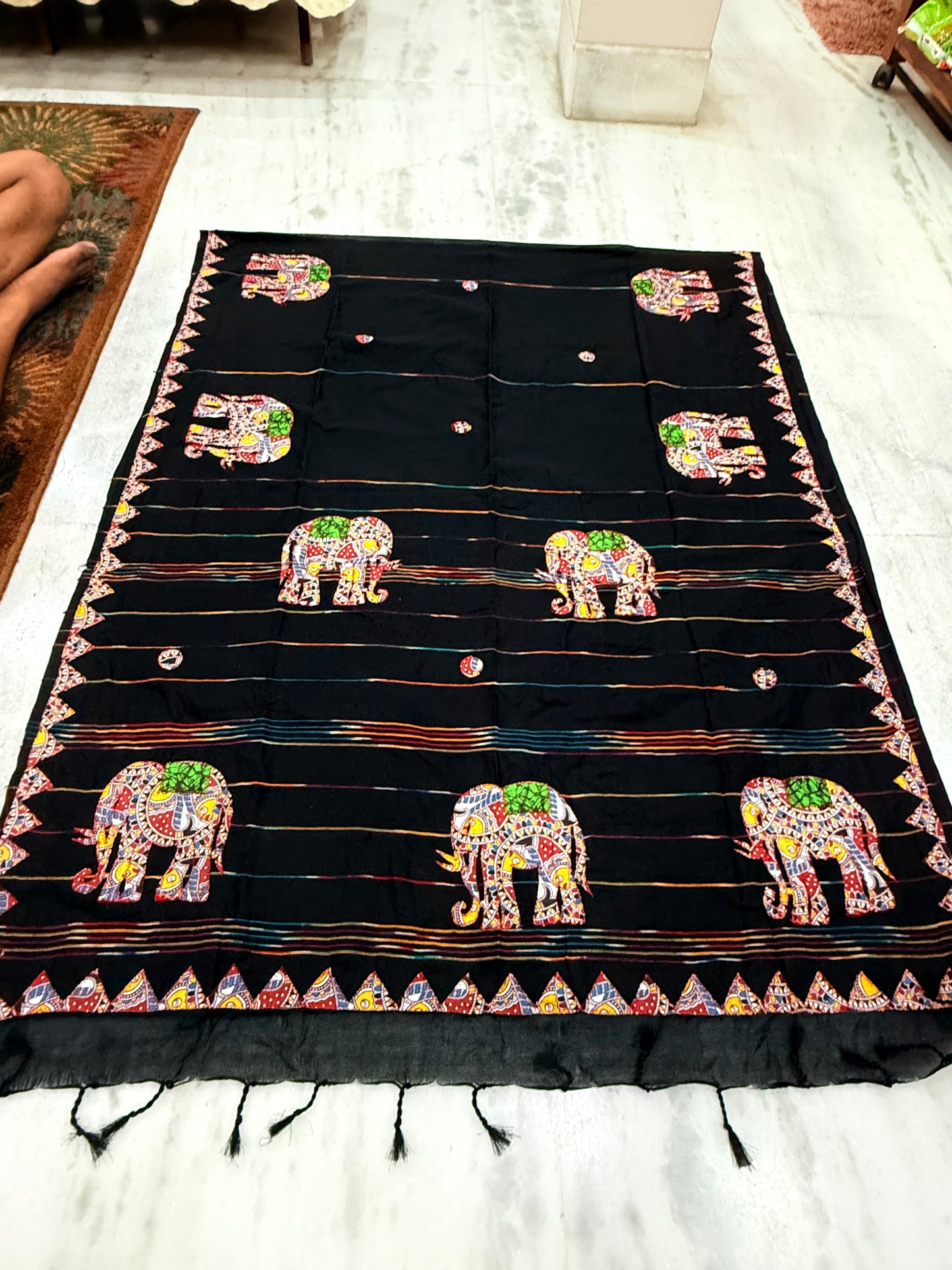 Kaya Kalpo Black Handloom Cotton Applique Saree with Elephant Motifs