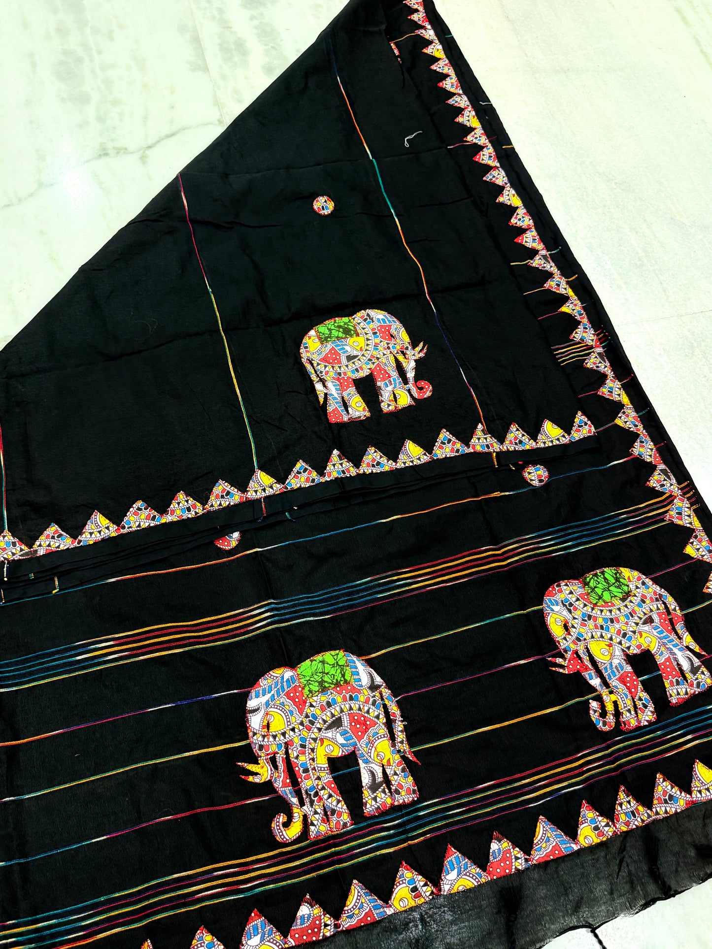 Kaya Kalpo Black Handloom Cotton Applique Saree with Elephant Motifs