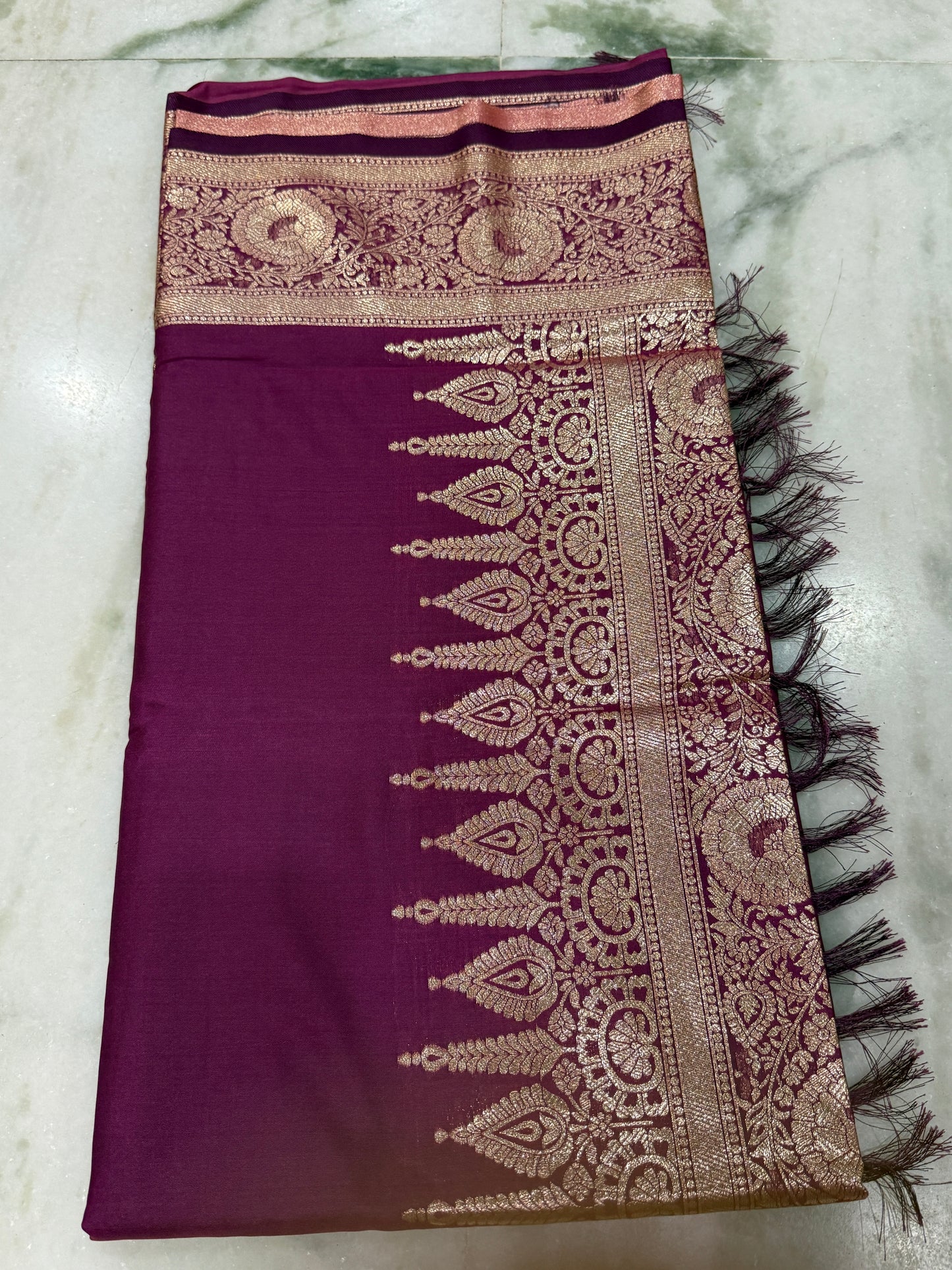 Kaya Kalpo Wine Burgundy Satin Crepe Silk Saree | Gold Zari Temple Border & Pallu | Bridal & Festive Wear