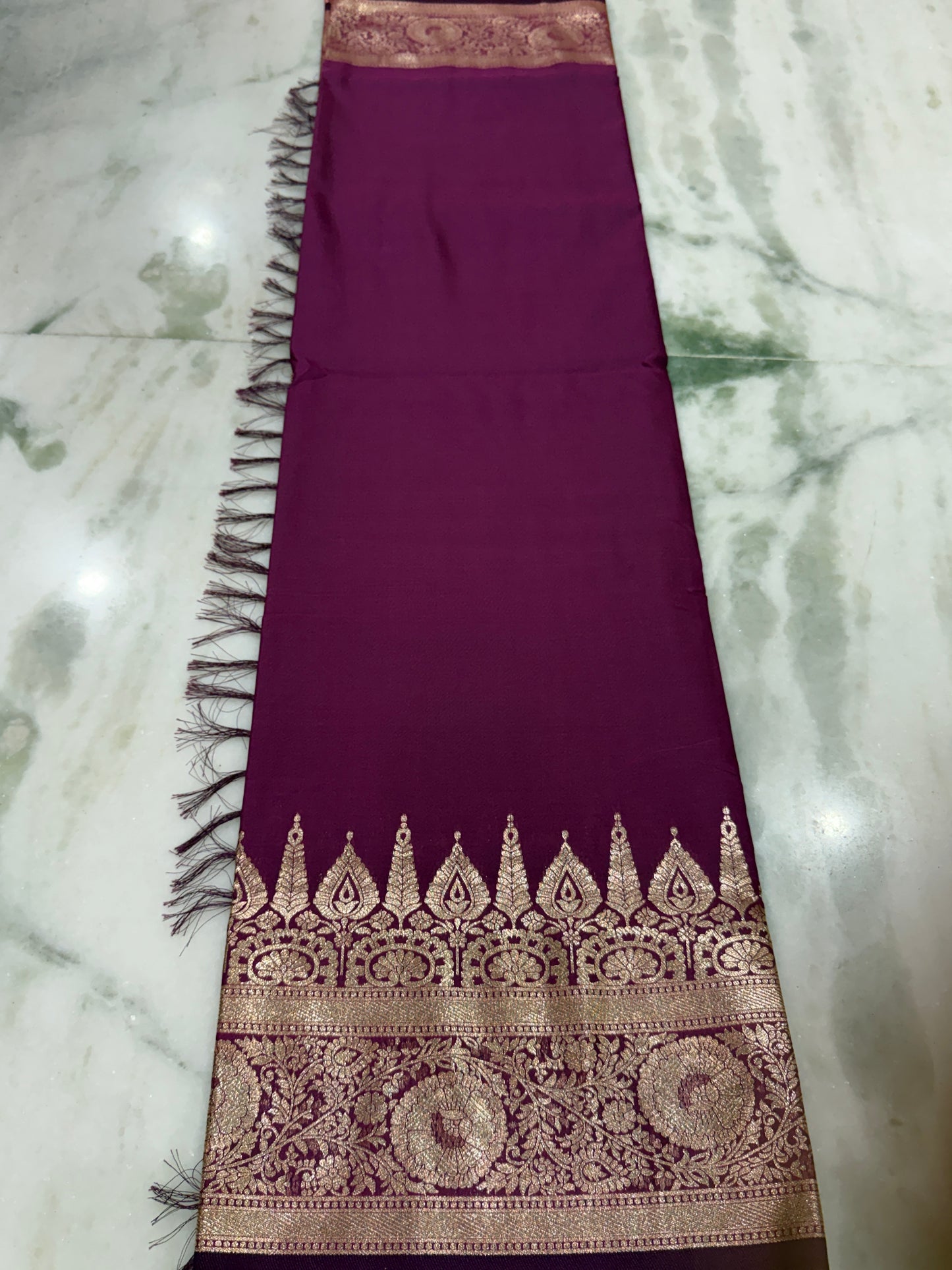 Kaya Kalpo Wine Burgundy Satin Crepe Silk Saree | Gold Zari Temple Border & Pallu | Bridal & Festive Wear