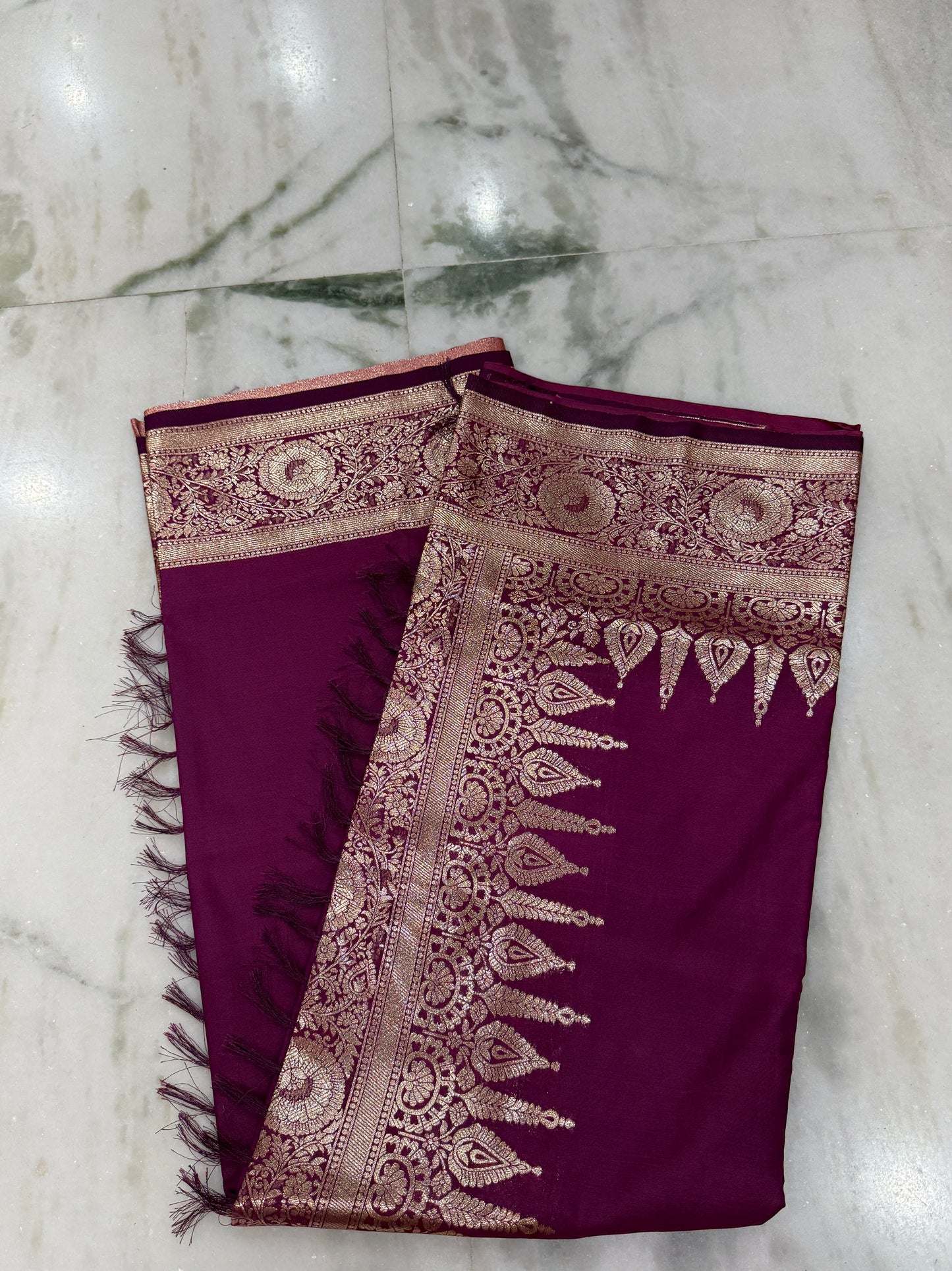 Kaya Kalpo Wine Burgundy Satin Crepe Silk Saree | Gold Zari Temple Border & Pallu | Bridal & Festive Wear