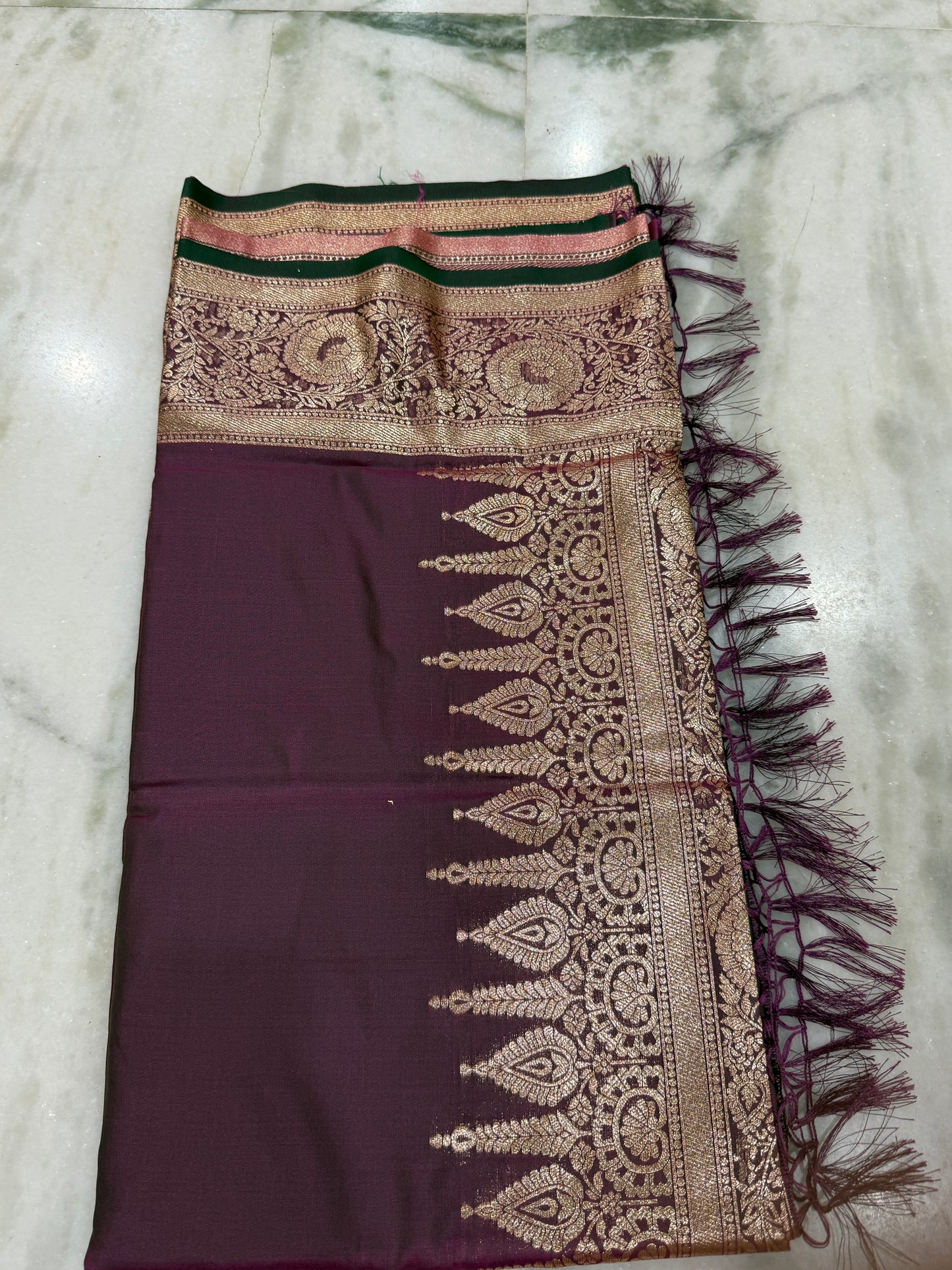 Kaya Kalpo Plum Purple Satin Crepe Silk Saree | Gold Zari Temple Border & Pallu | Bridal & Festive Wear