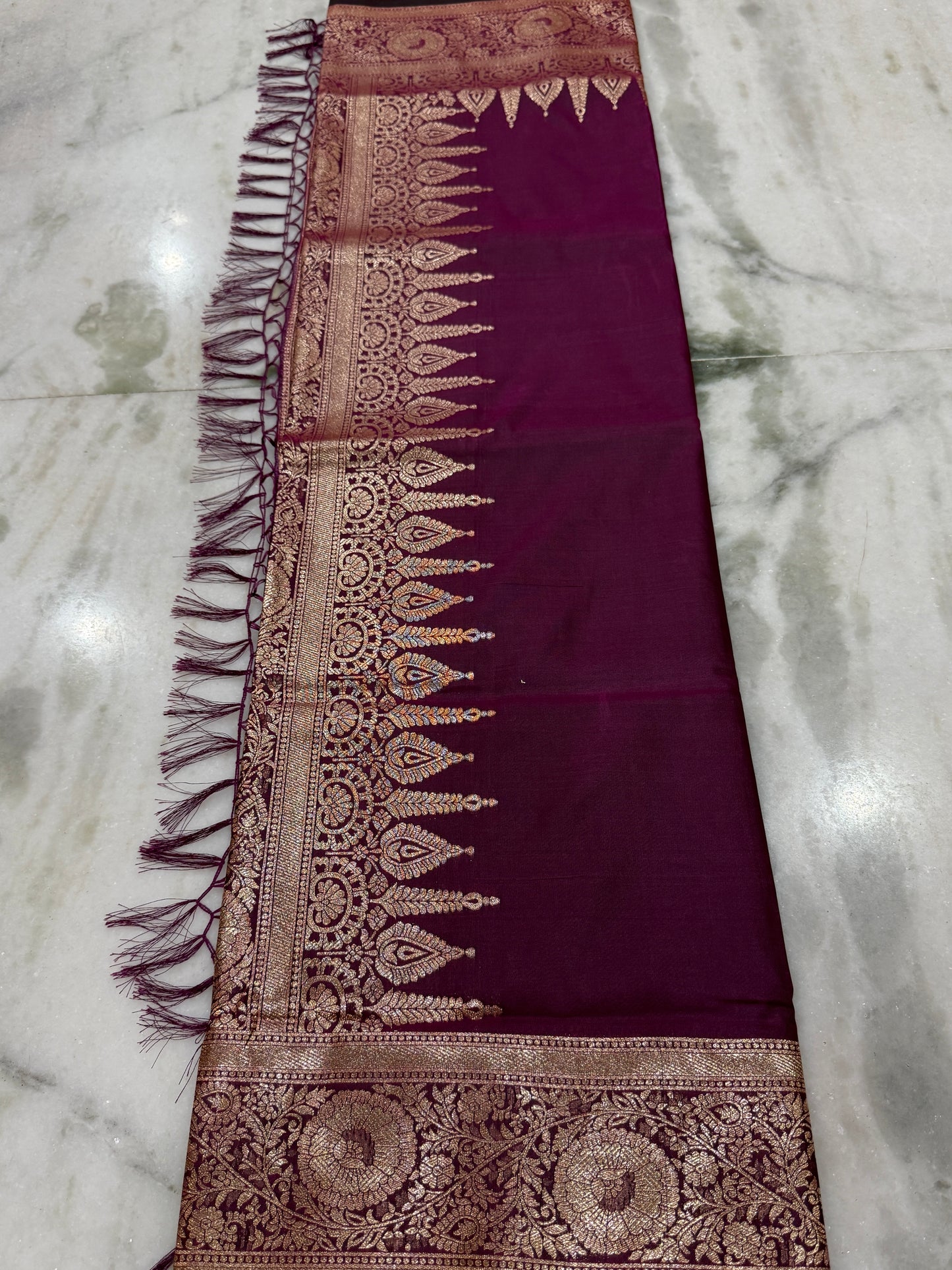 Kaya Kalpo Plum Purple Satin Crepe Silk Saree | Gold Zari Temple Border & Pallu | Bridal & Festive Wear