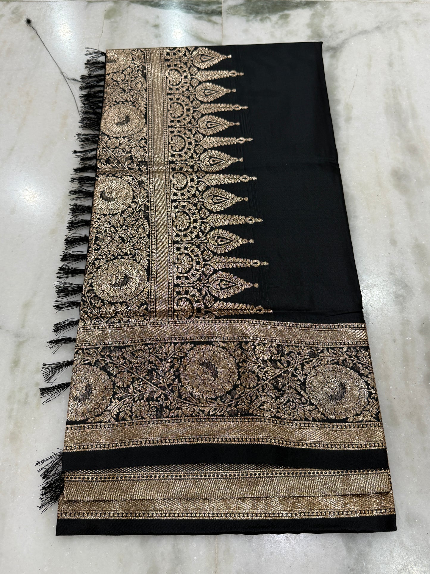 Kaya Kalpo Black Satin Crepe Silk Saree | Gold Zari Temple Border & Pallu | Party & Festive Wear