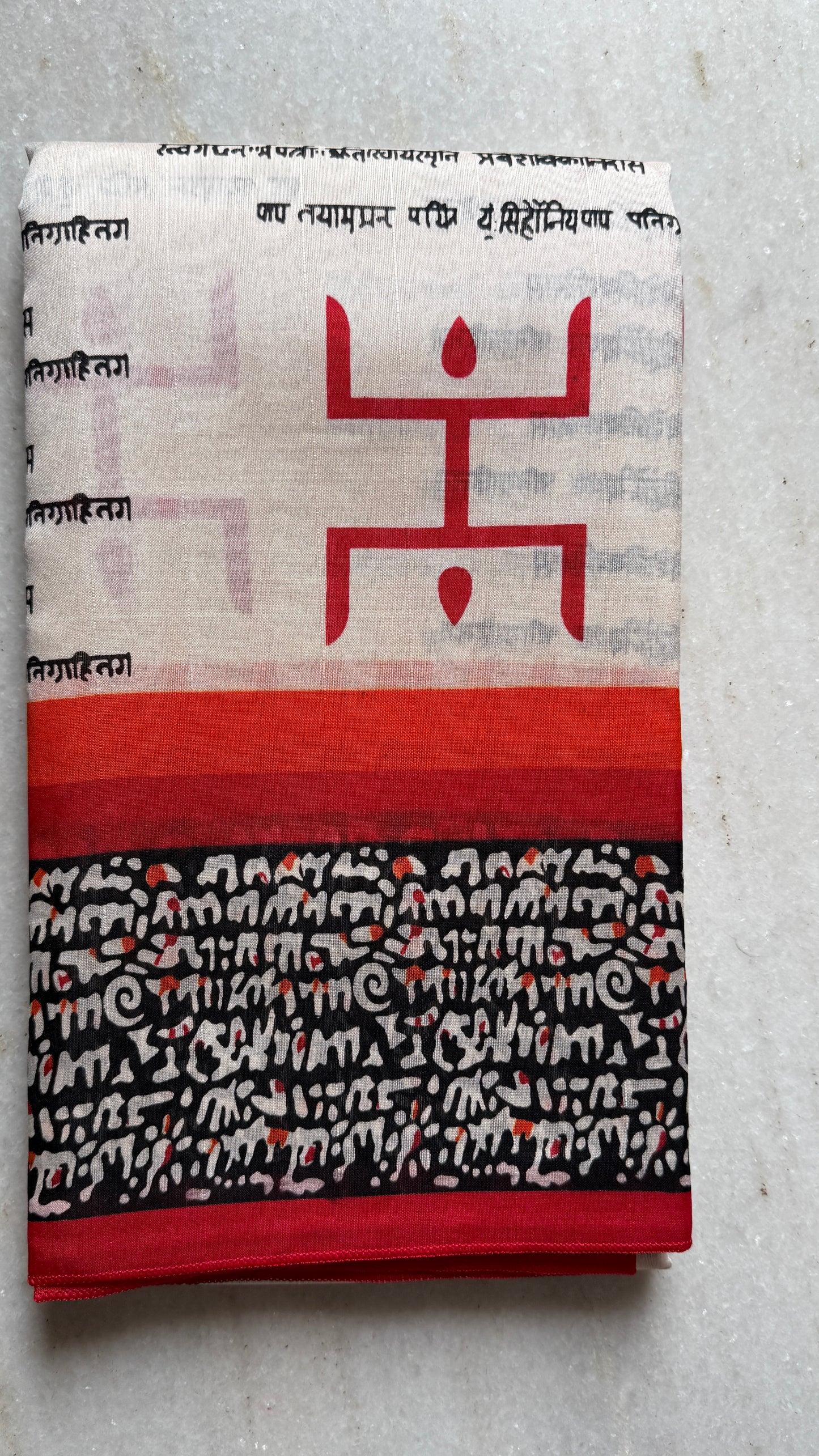 Ivory Black Print Saree with Red Border | Kaya Kalpo