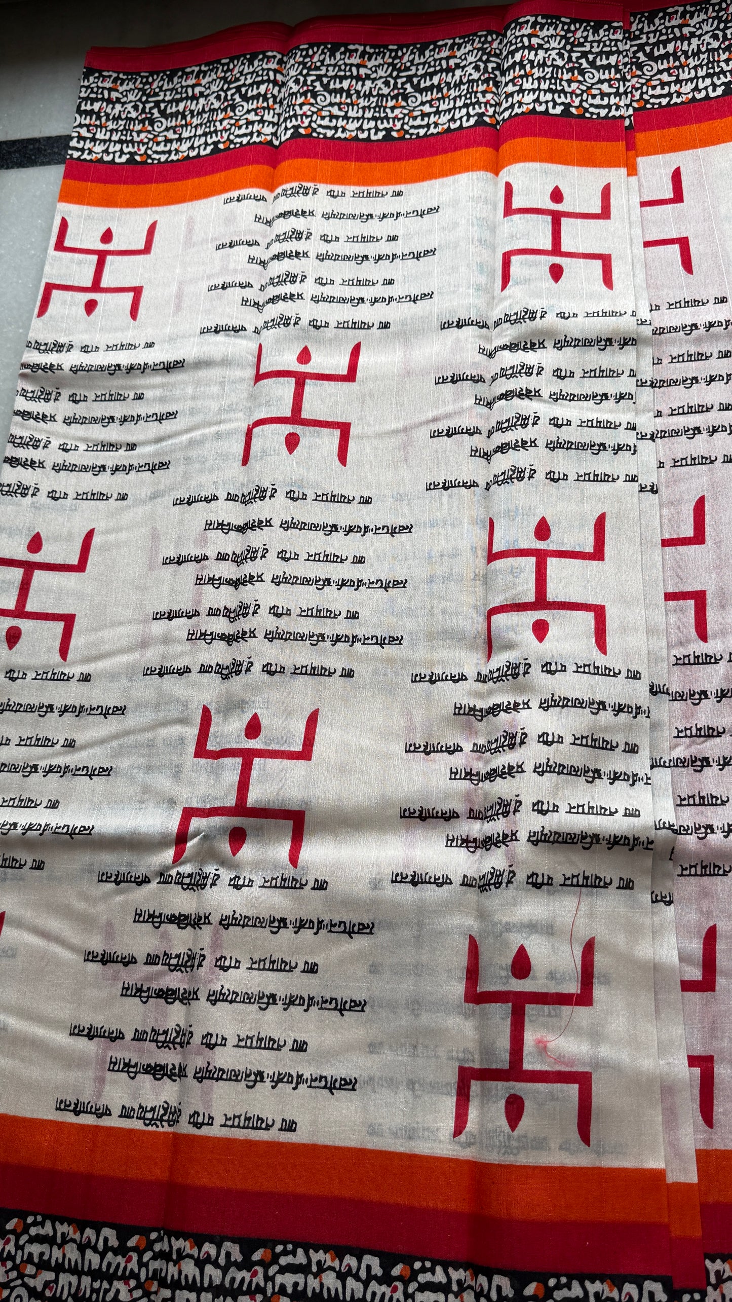 Ivory Black Print Saree with Red Border | Kaya Kalpo