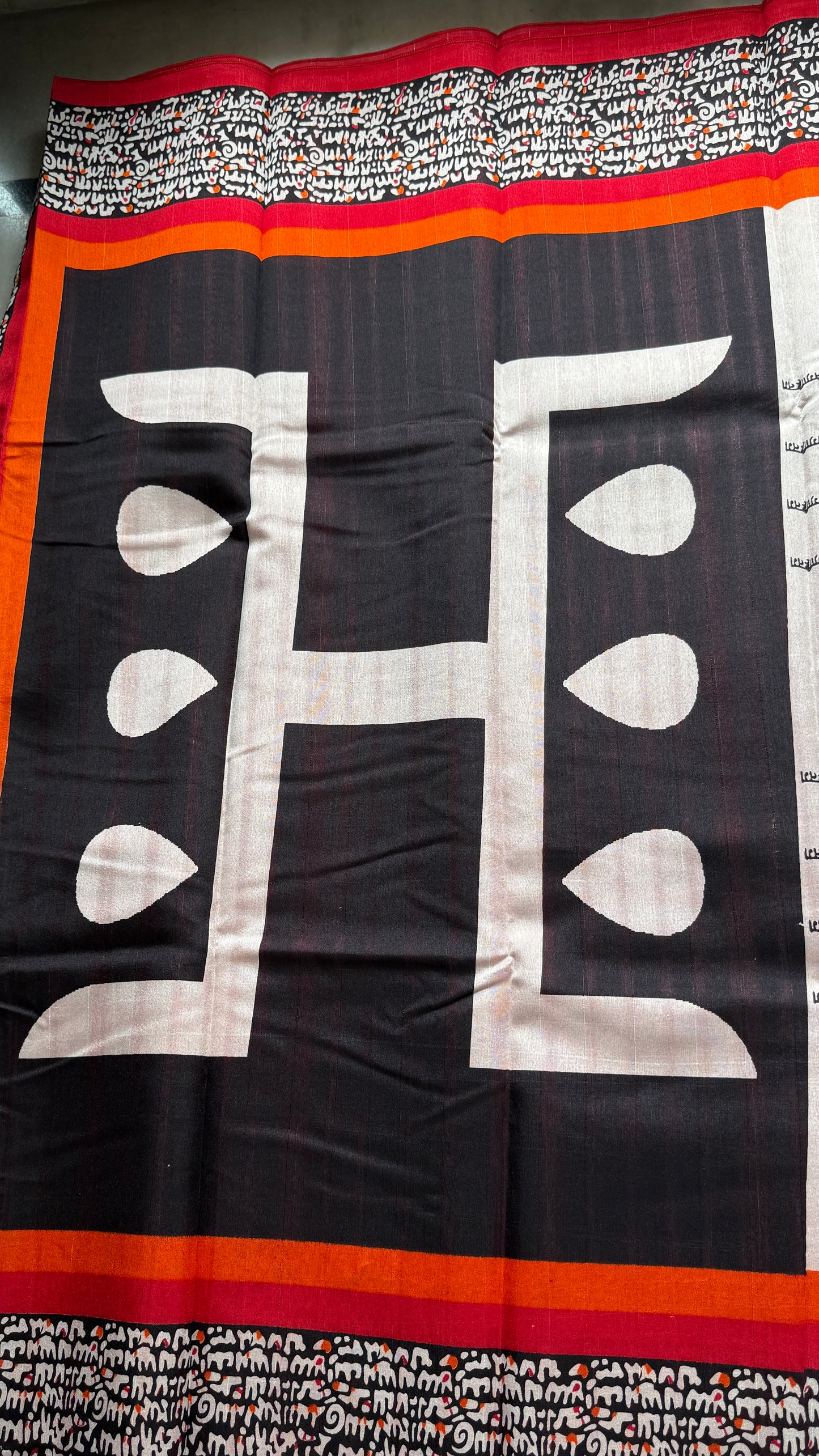 Ivory Black Print Saree with Red Border | Kaya Kalpo