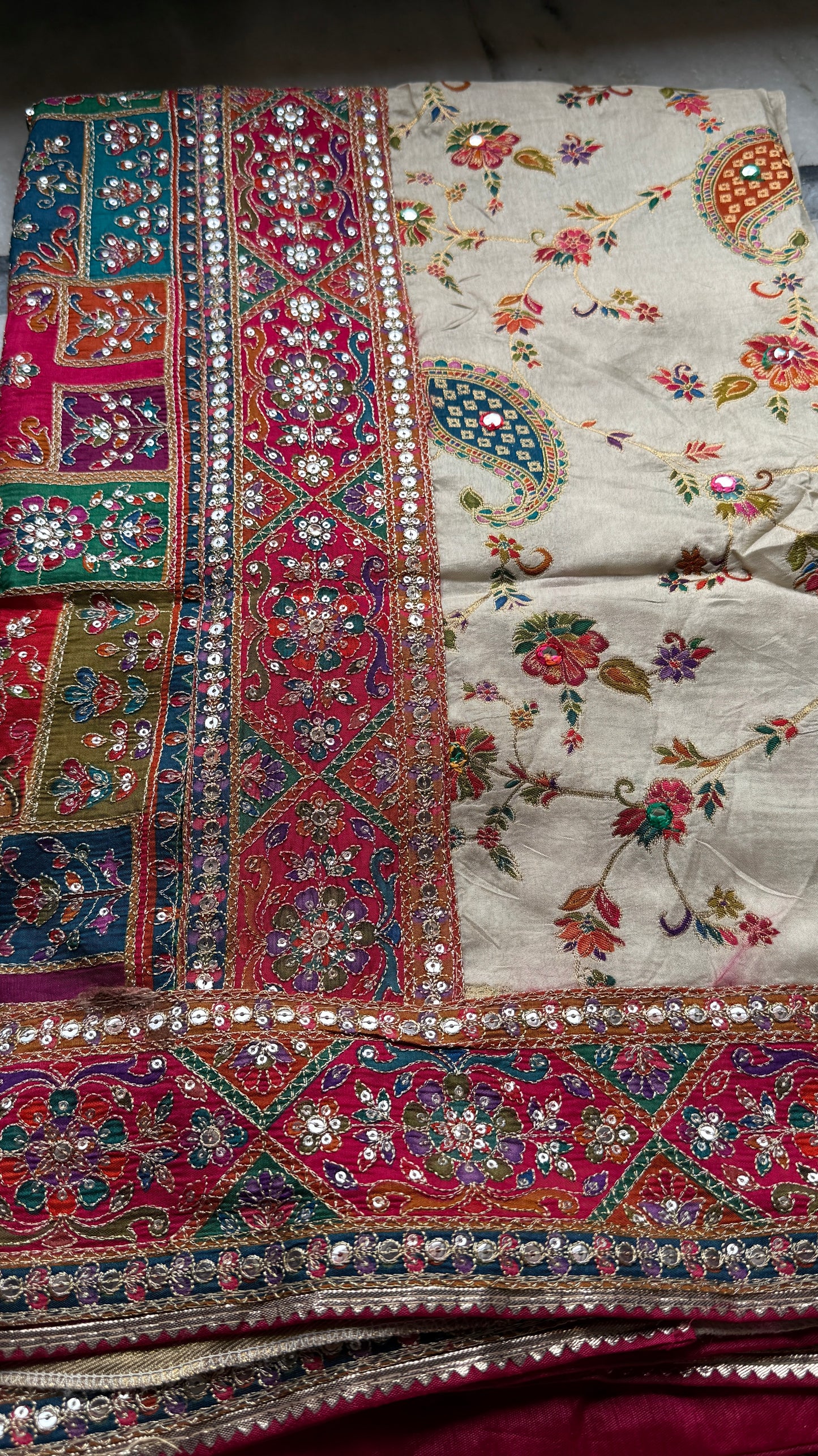 Kani Pashmina Silk Saree with Multicolor Paisley Border & Stitched Embroidered Blouse