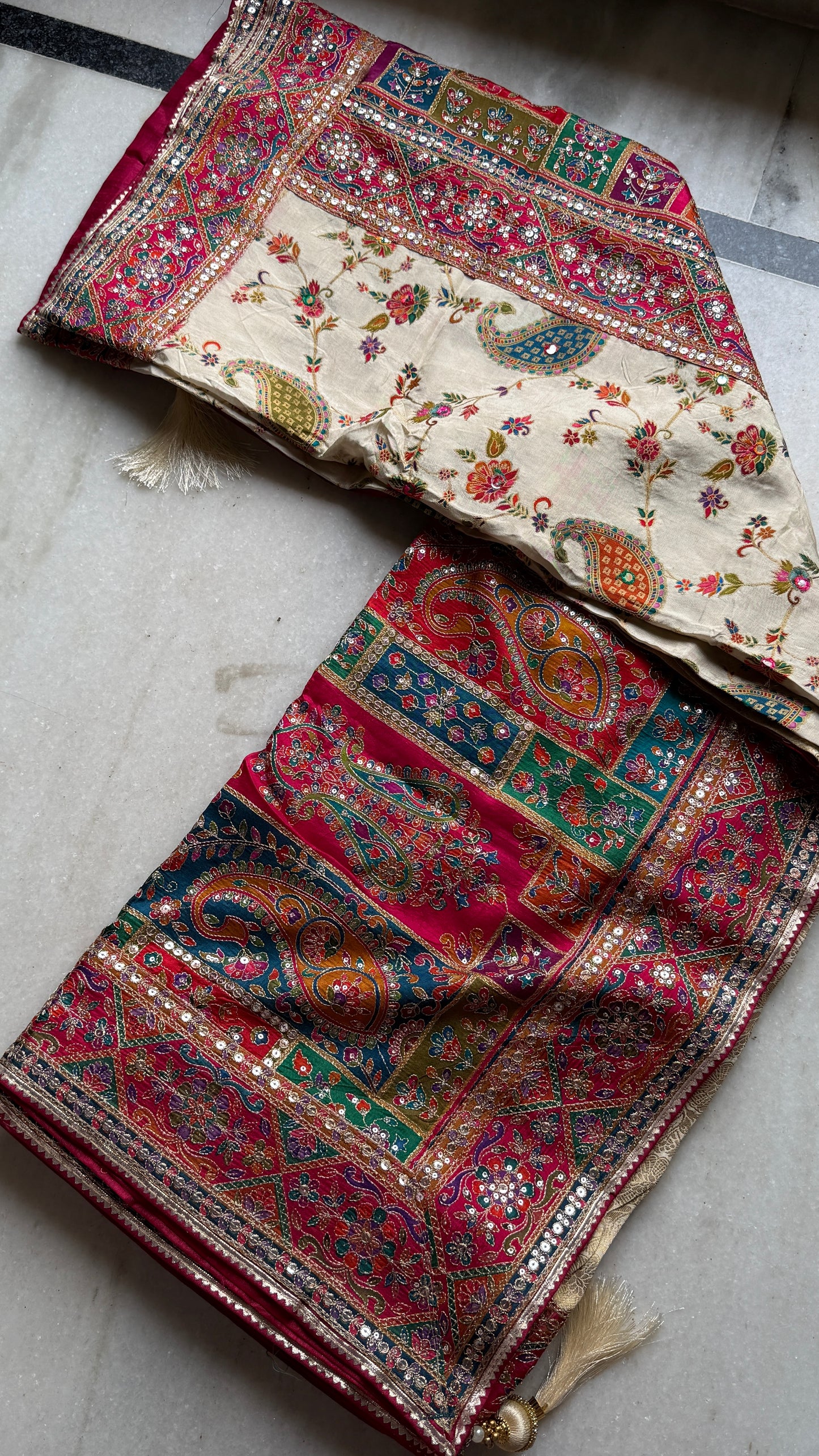 Kani Pashmina Silk Saree with Multicolor Paisley Border & Stitched Embroidered Blouse