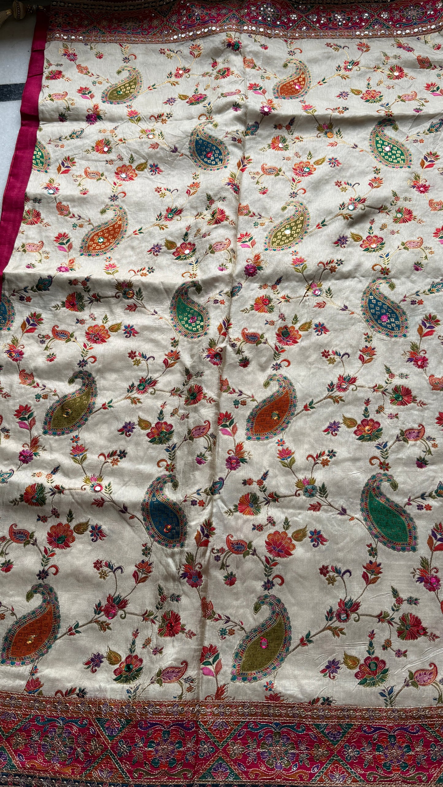 Kani Pashmina Silk Saree with Multicolor Paisley Border & Stitched Embroidered Blouse