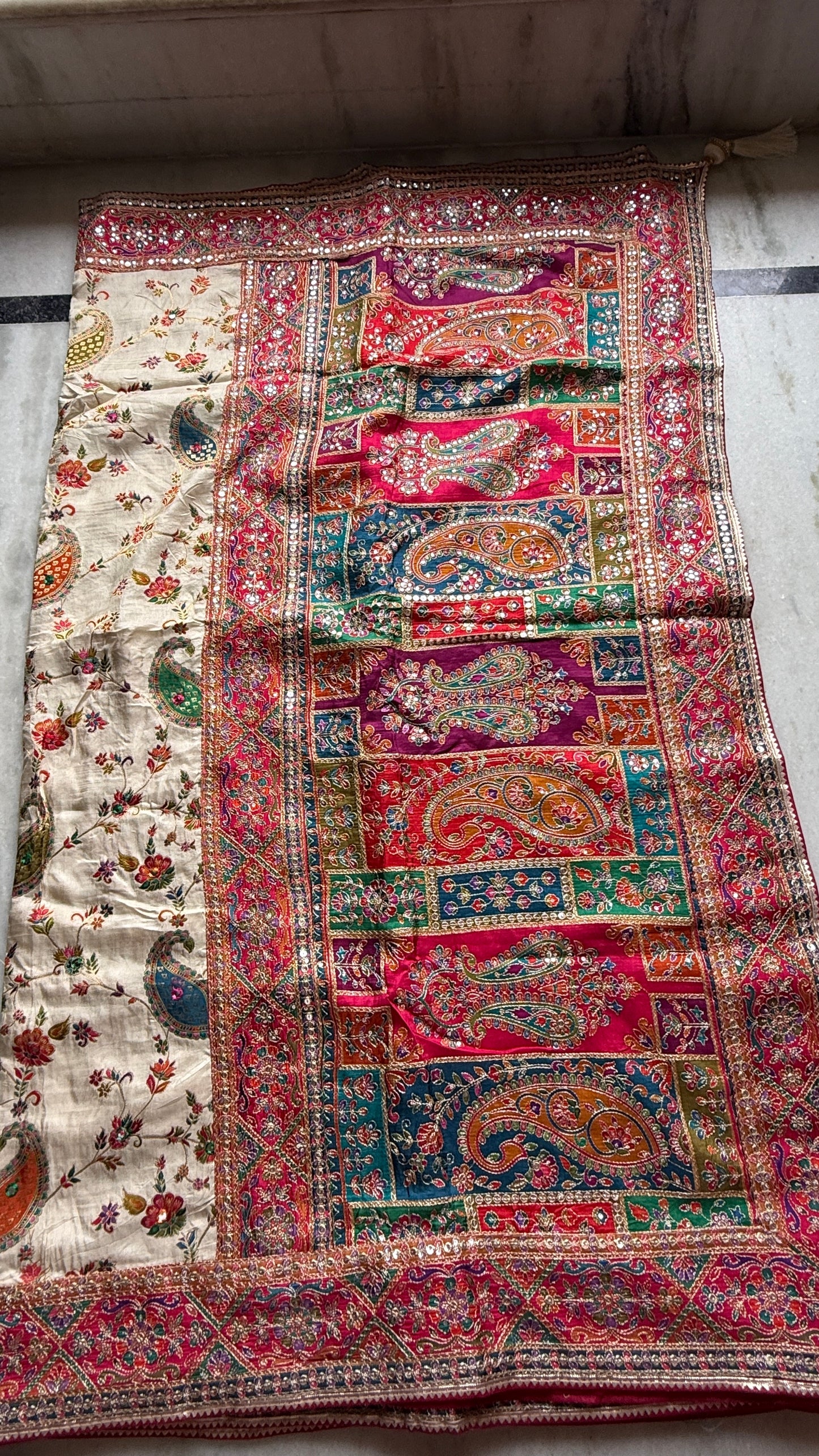 Kani Pashmina Silk Saree with Multicolor Paisley Border & Stitched Embroidered Blouse