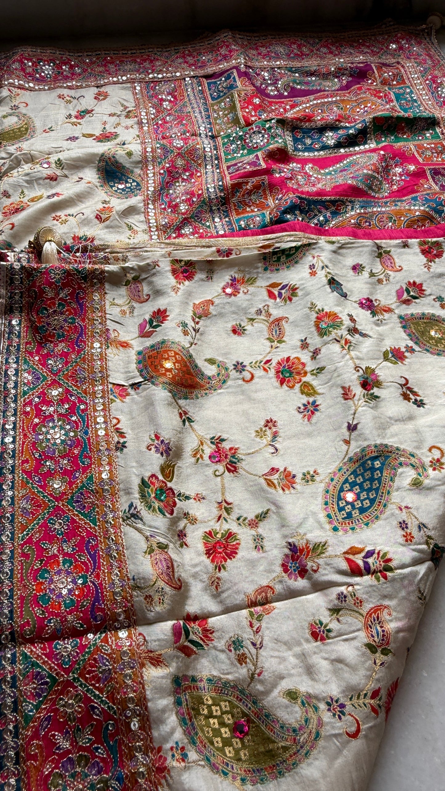 Kani Pashmina Silk Saree with Multicolor Paisley Border & Stitched Embroidered Blouse