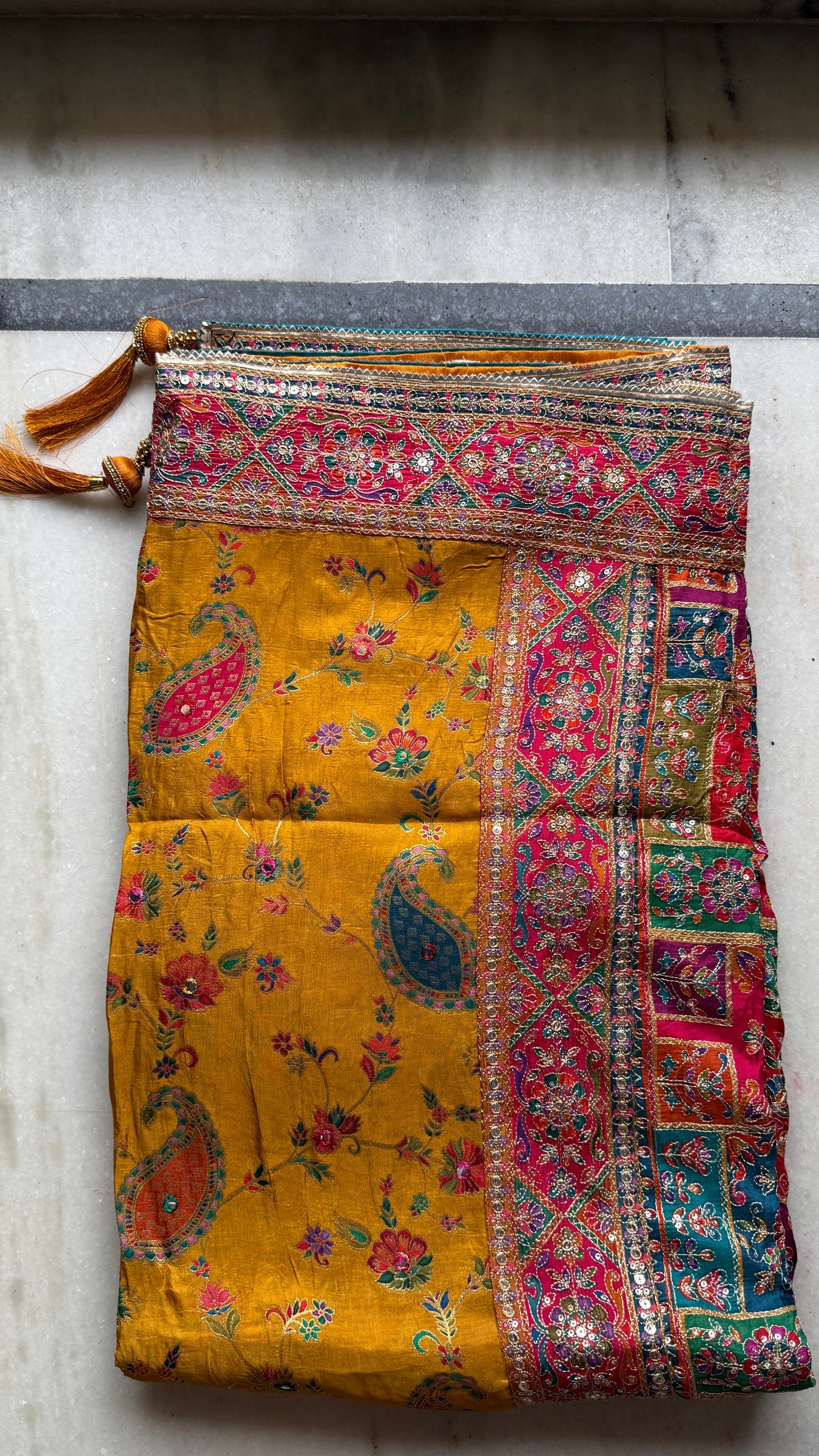 Kani Pashmina Silk Saree in Mustard Yellow with Multicolor Paisley Border & Stitched Embroidered Blouse